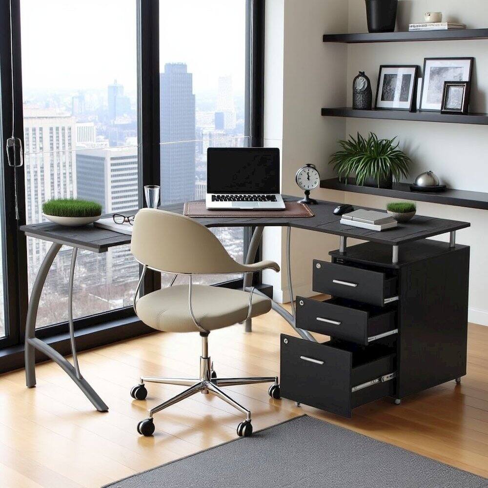 Alt View 3. FurniFact - Brown L Shaped Desk With 3 Drawers, Steel Frame Corner Computer Desk - Brown.