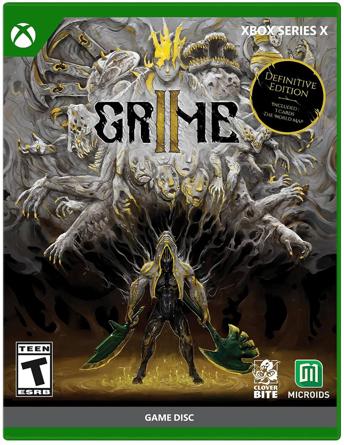 XBOX SERIES X  
DEFINITIVE EDITION INCLUDED: 3 THE CARDS GRIME WORLD MAP  
TEEN T ESRB  
CLOVER BITE MICROIDS  
GAME DISC - T (Teen 13+)