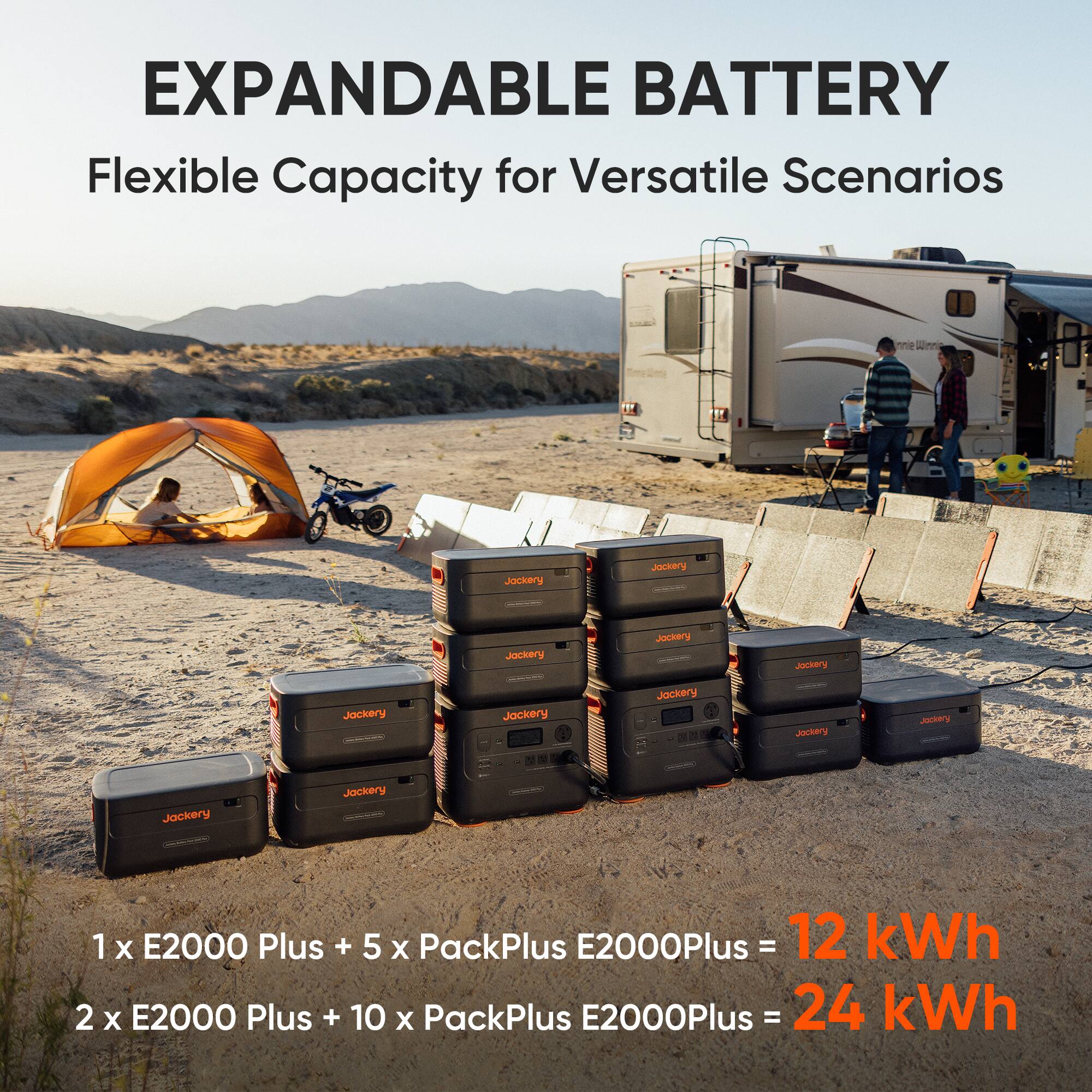EXPANDABLE BATTERY  
Flexible Capacity for Versatile Scenarios  

1 x E2000 Plus + 5 x PackPlus E2000Plus = 12 kWh  
2 x E2000 Plus + 10 x PackPlus E2000Plus = 24 kWh
