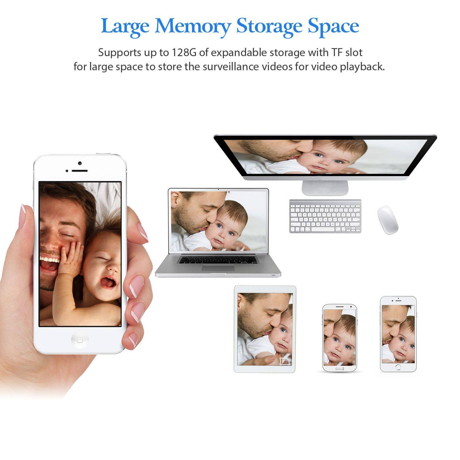 Large Memory Storage Space  
Supports up to 128G of expandable storage with TF slot for large space to store the surveillance videos for video playback.