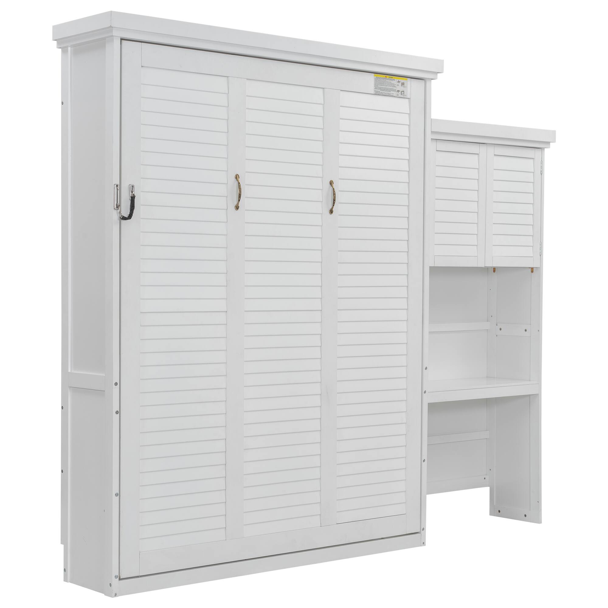 Alt View 1. Whisen - Queen Size Murphy Bed, Space-Saving Folding Bed Frame with Integrated Storage Shelves, Louvered Design - White.