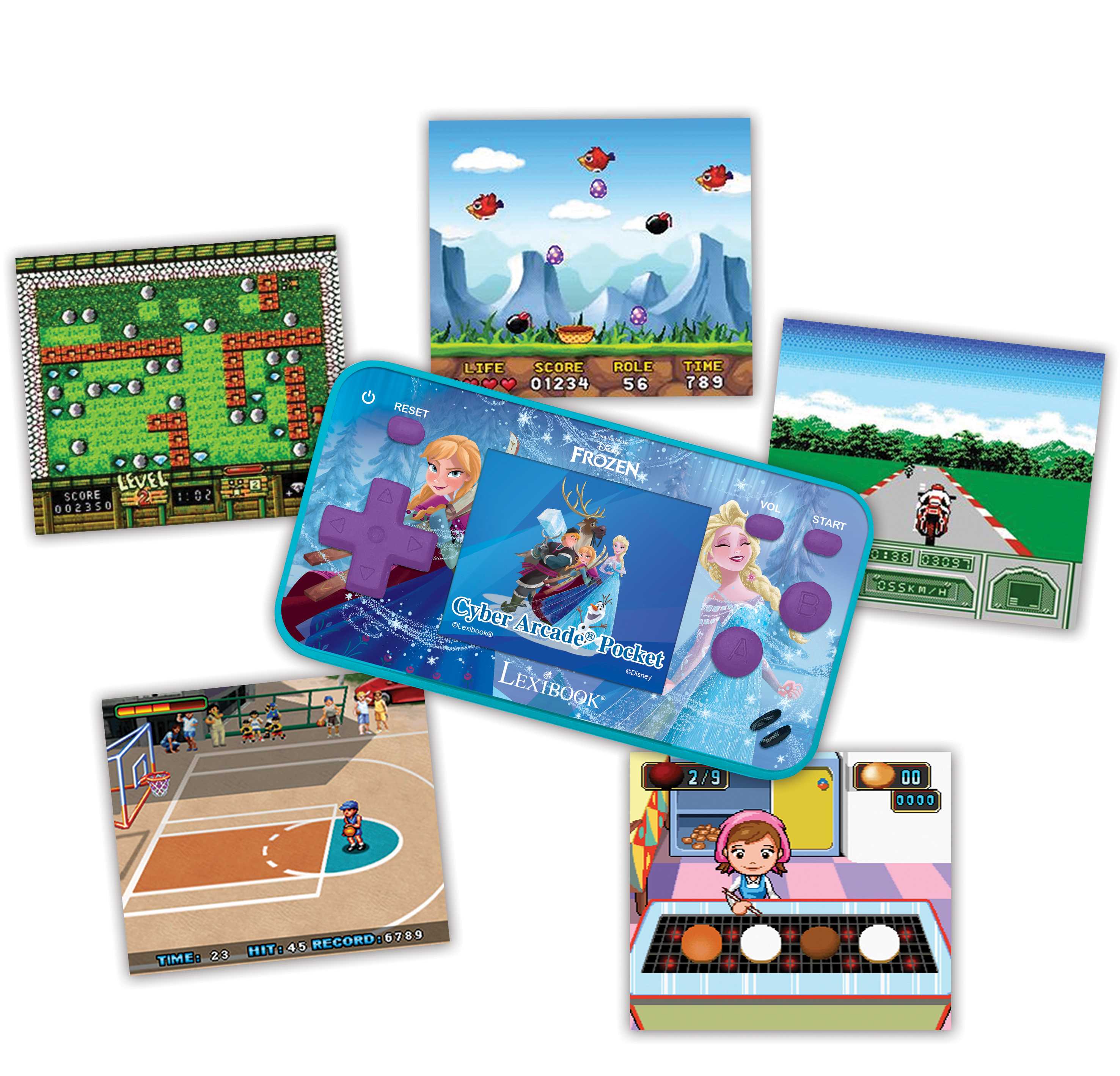 LEVEL SCORE 002350 S1 s0 RESET LIFE SCORE ROLE TIME 0 01234 56 789 FROZEN, * VOL START Cyber Arcade Pocket smunay LEXIBOOK D  OSSKM/H 2/9 2 00 00 TIME: 2.3 RECORD 6789 HIT 4.5