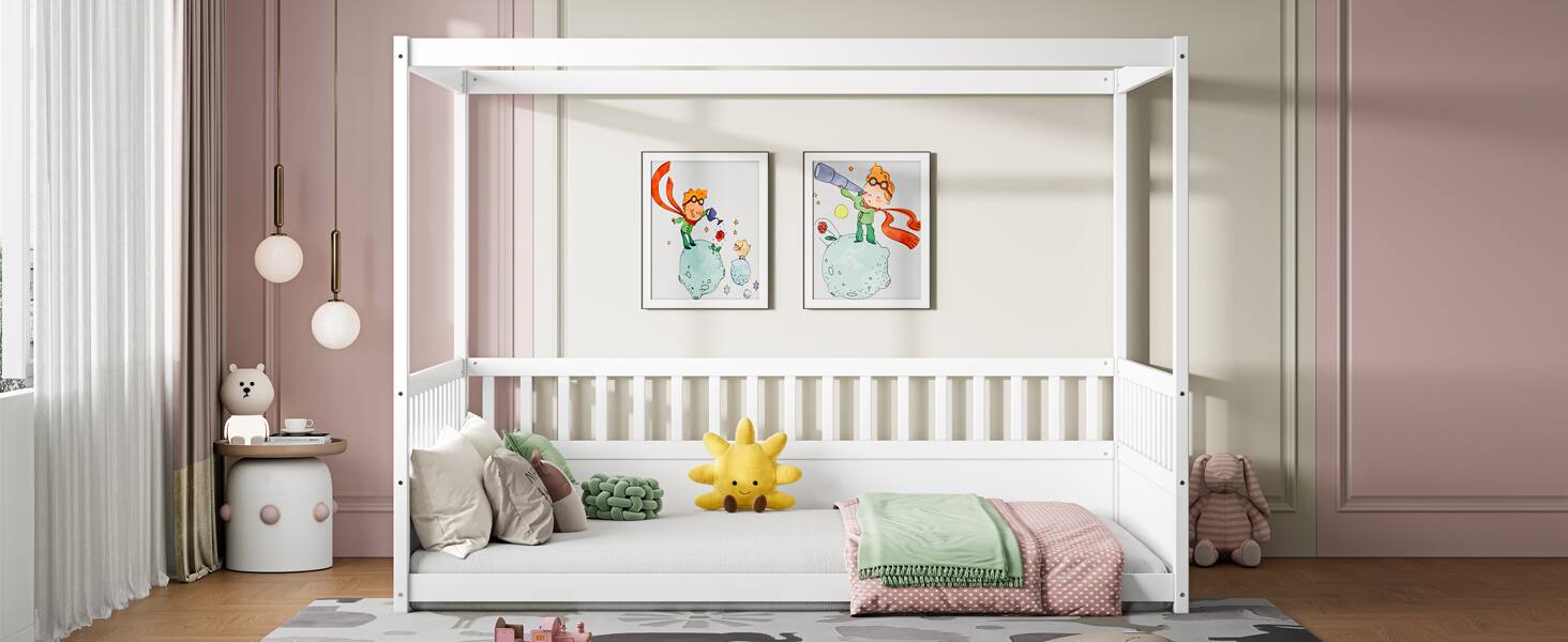 Alt View 1. GOODSILO - Full Size Canopy Bed Frame with Guardrails, Kids Montessori Floor Bed, Wood Four Poster Bed for Girls Boys - White.