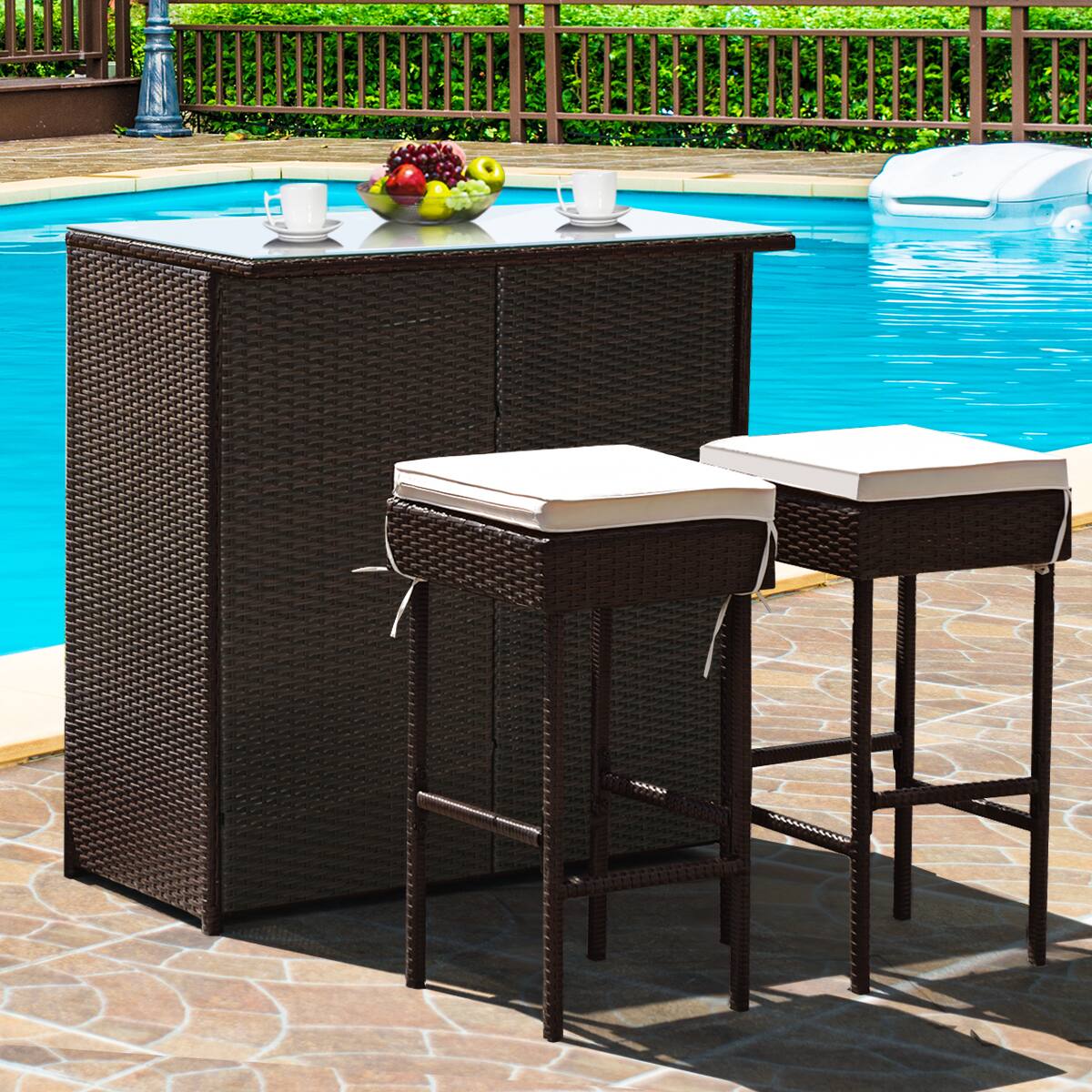 Alt View 1. Costway - 3PCS Patio Rattan Wicker Bar Table Stools Dining Set Cushioned Chairs Garden - Mixed Brown/White.