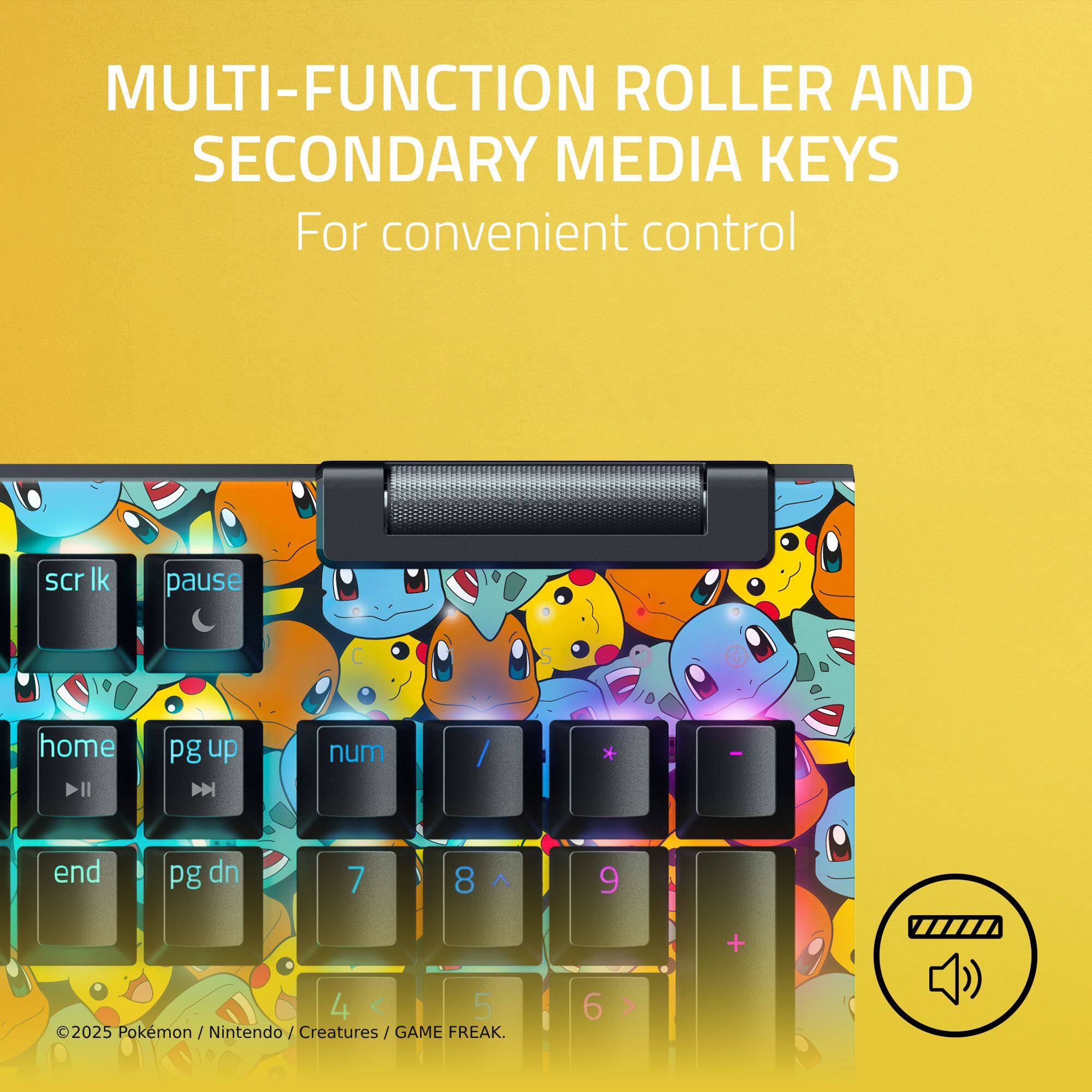 The corrected text is:

"MULTI-FUNCTION ROLLER AND SECONDARY MEDIA KEYS For convenient control scr lk pause home pg up num / * end pg dn 7 8 9 + 4 5 6 ©2025 Pokemon / Nintendo / Creatures / GAME FREAK."

Grouped as follows:

- MULTI-FUNCTION ROLLER AND SECONDARY MEDIA KEYS
- For convenient control
- scr lk pause home pg up num / * end pg dn 7 8 9 + 4 5 6
- ©2025 Pokemon / Nintendo / Creatures / GAME FREAK.
