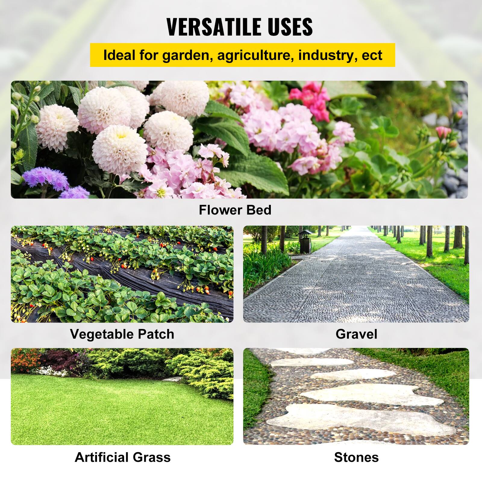 VERSATILE USES

Flower Bed
Vegetable Patch
Gravel
Artificial Grass
Stones
