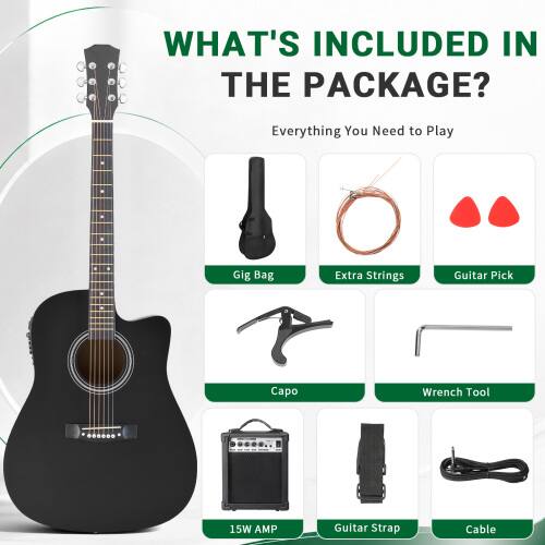 WHAT'S INCLUDED IN THE PACKAGE?

Everything You Need to Play

- Gig Bag
- Extra Strings
- Guitar Pick
- Capo
- Wrench Tool
- 15W AMP
- Guitar Strap
- Cable