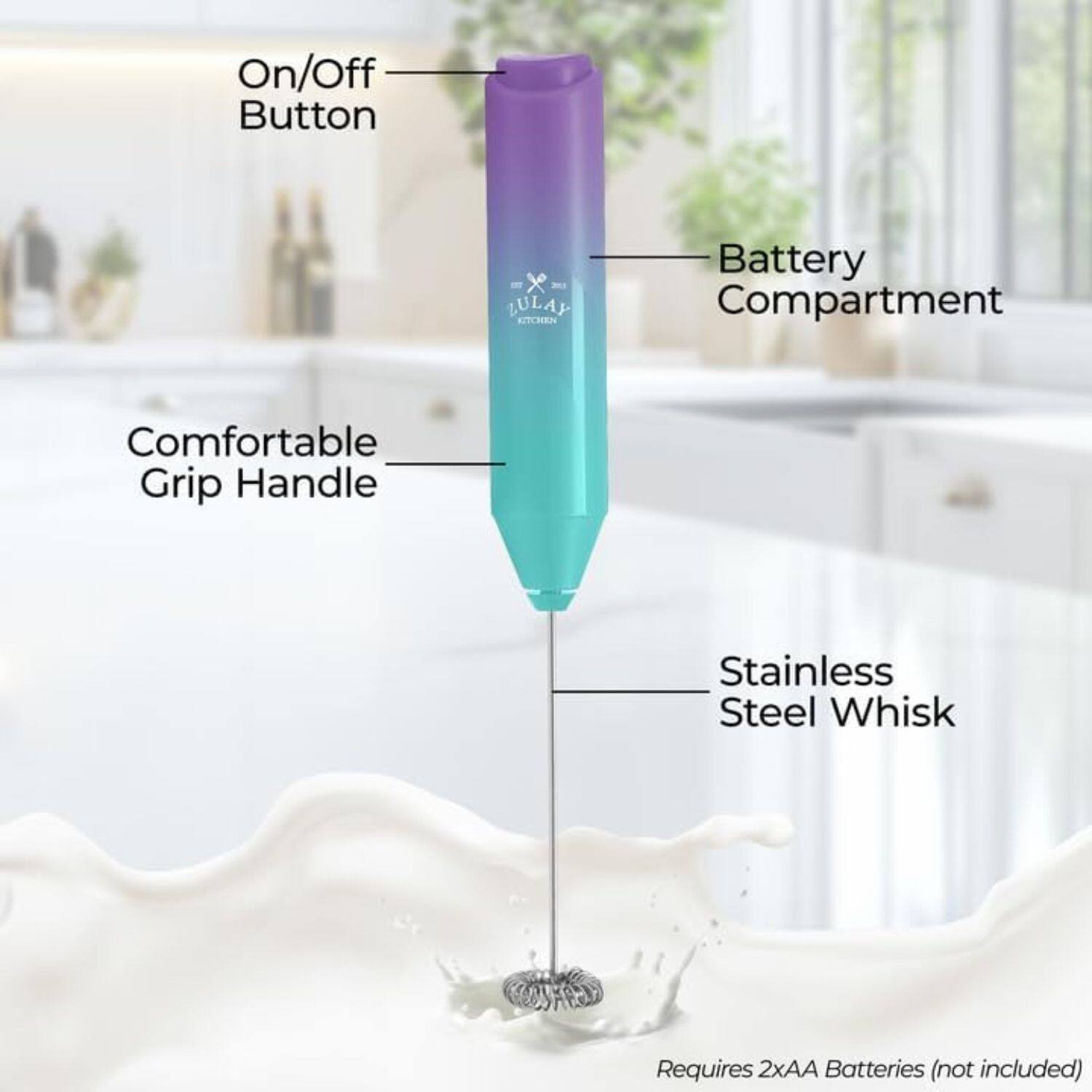 On/Off Button - x - LULAY KITCHEN Battery Compartment Comfortable Grip Handle Stainless Steel Whisk A Requires 2xAA Batteries (not included)