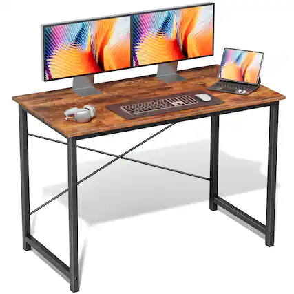 Front. AENKYO - 44" Computer Desk Home Office Desk Writing Gaming Work Desk for Small Spaces - Brown.