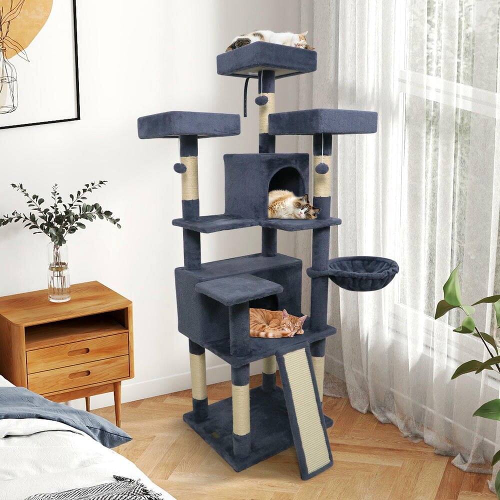 Alt View 2. Kadyn - 65-Inch Tall Cat Tree with 3 Upholstered Perches and 2 Condos, Dark Gray - Gray.