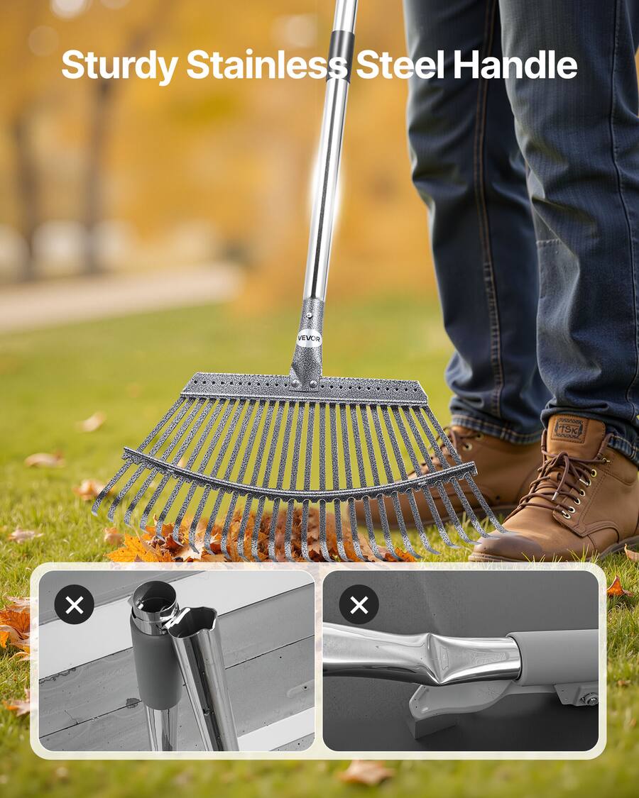 Elv Rake VEVOR Leaf Rake, 25 Metal Tines, Adjustable Garden Rake for Lawns with ...