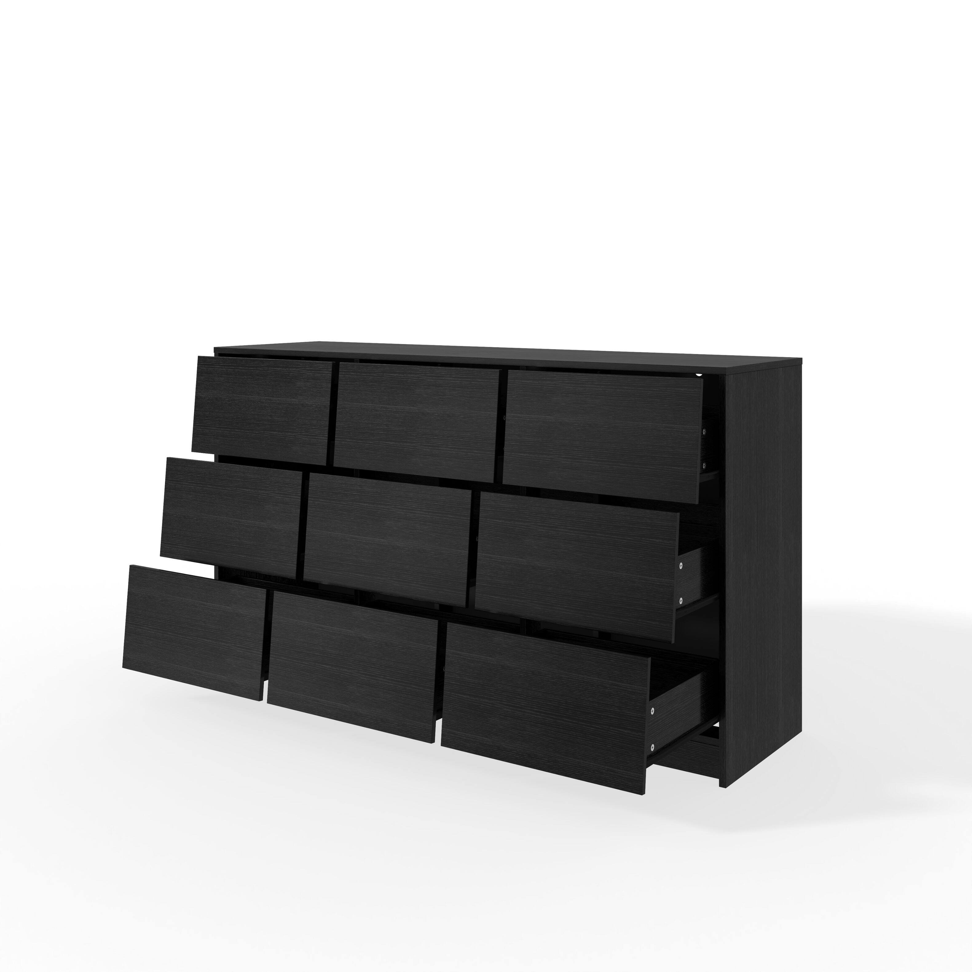 Left. Famapy - Modern 9-Drawer Dresser for Bedroom, Wide Chest of Drawers with Textured Fronts & Metal Glides - Black.