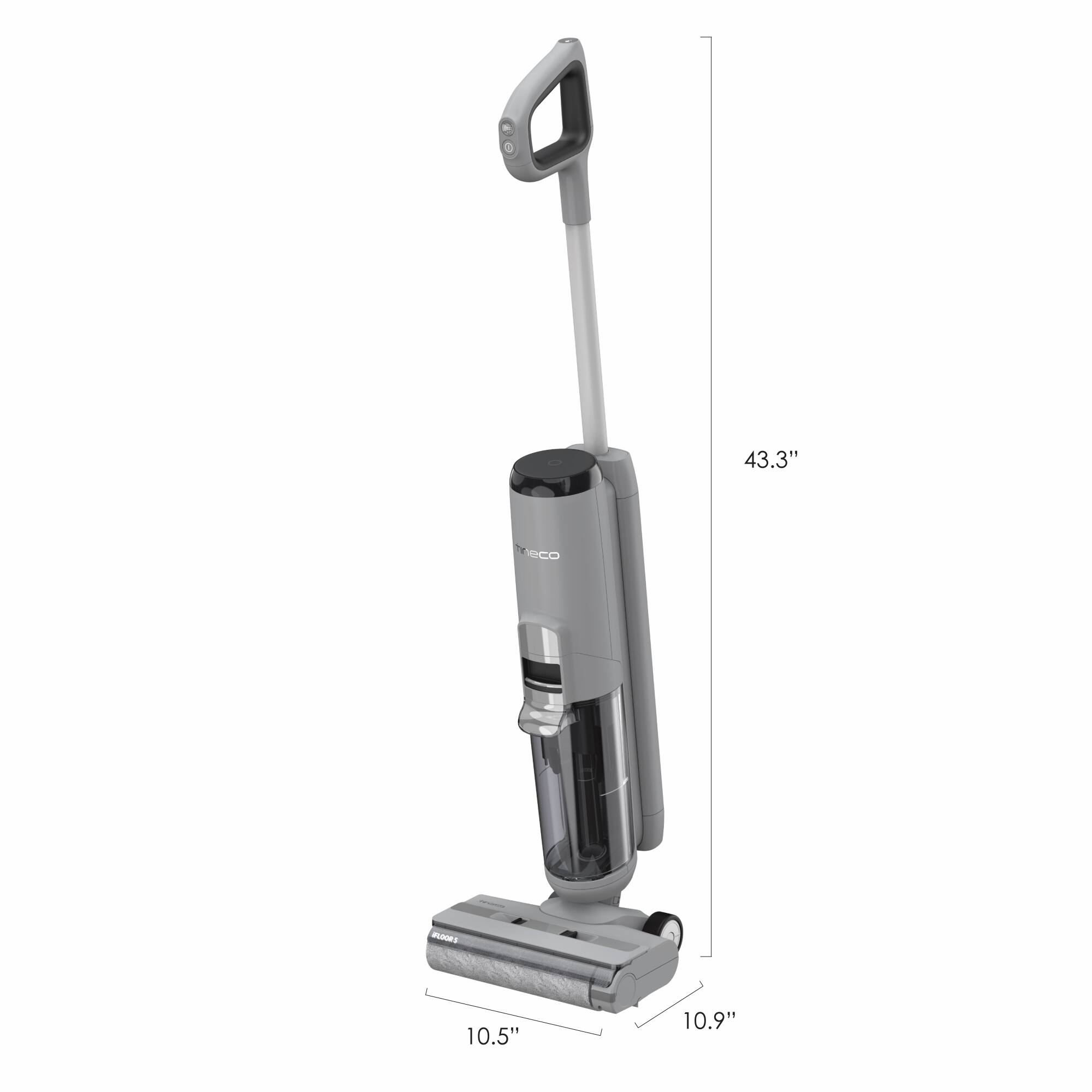 The text on the image reads: "43.3" feco no 10.5" 10.9". This text is in Spanish and can be translated to: "43.3" feco no 10.5" 10.9". The text is describing the dimensions of the vacuum cleaner, which is 43.3 inches in length and has a 10.5-inch and 10.9-inch handle.