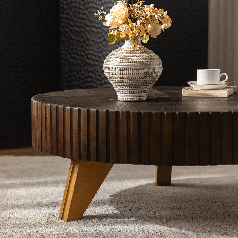 Left. Trinkets Crazed - Solid Round Coffee Table, Pedestal Design With Rustic Wood Grain | Space-Saving Accent Table - Brown.