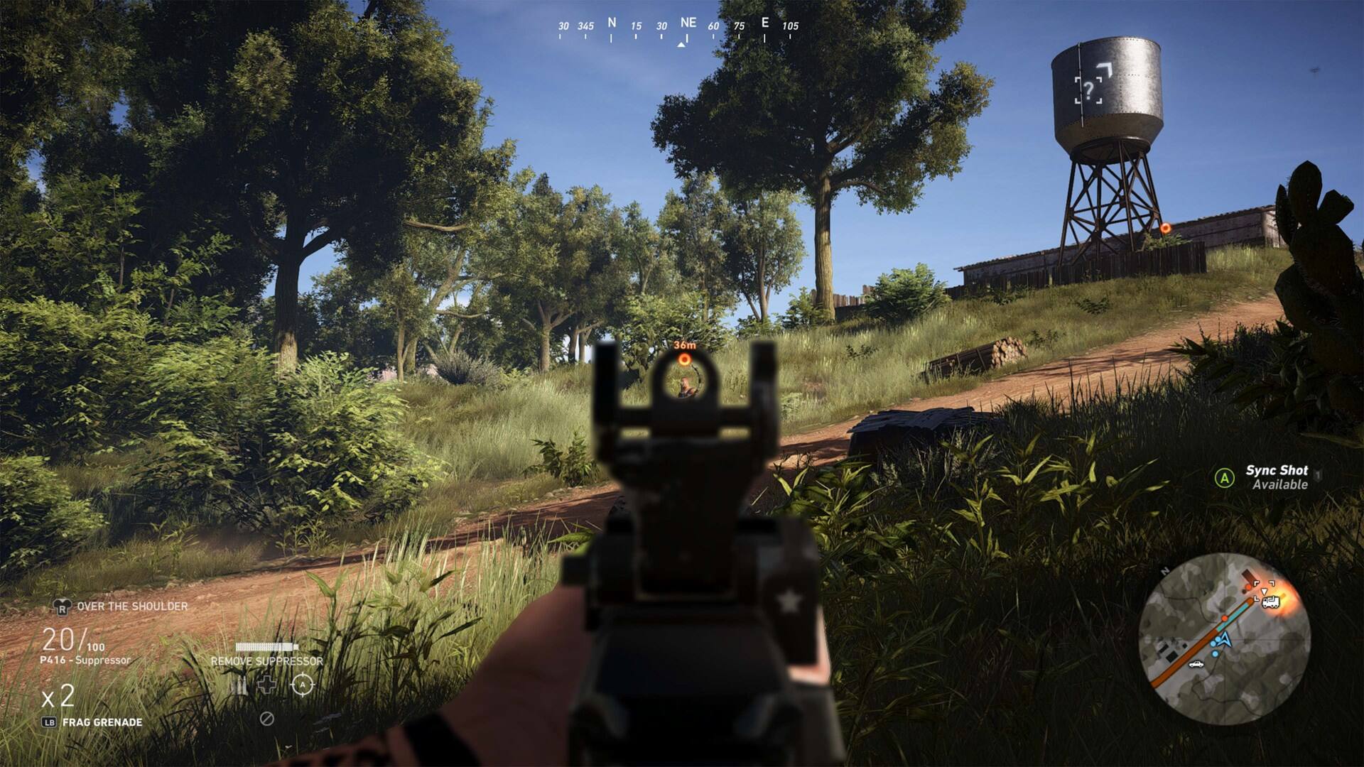 30 I  
345 1  
|  
15 -  
30 -  
NE  
60 1  
75 -  
E 1  
105 1  
36m  
A  
Sync Shot Available  
R OVER THE SHOULDER 20/1 100 P416 -Suppressor REMOVE SUPPRESSOR  
X 2 FRAG GRENADE  
A