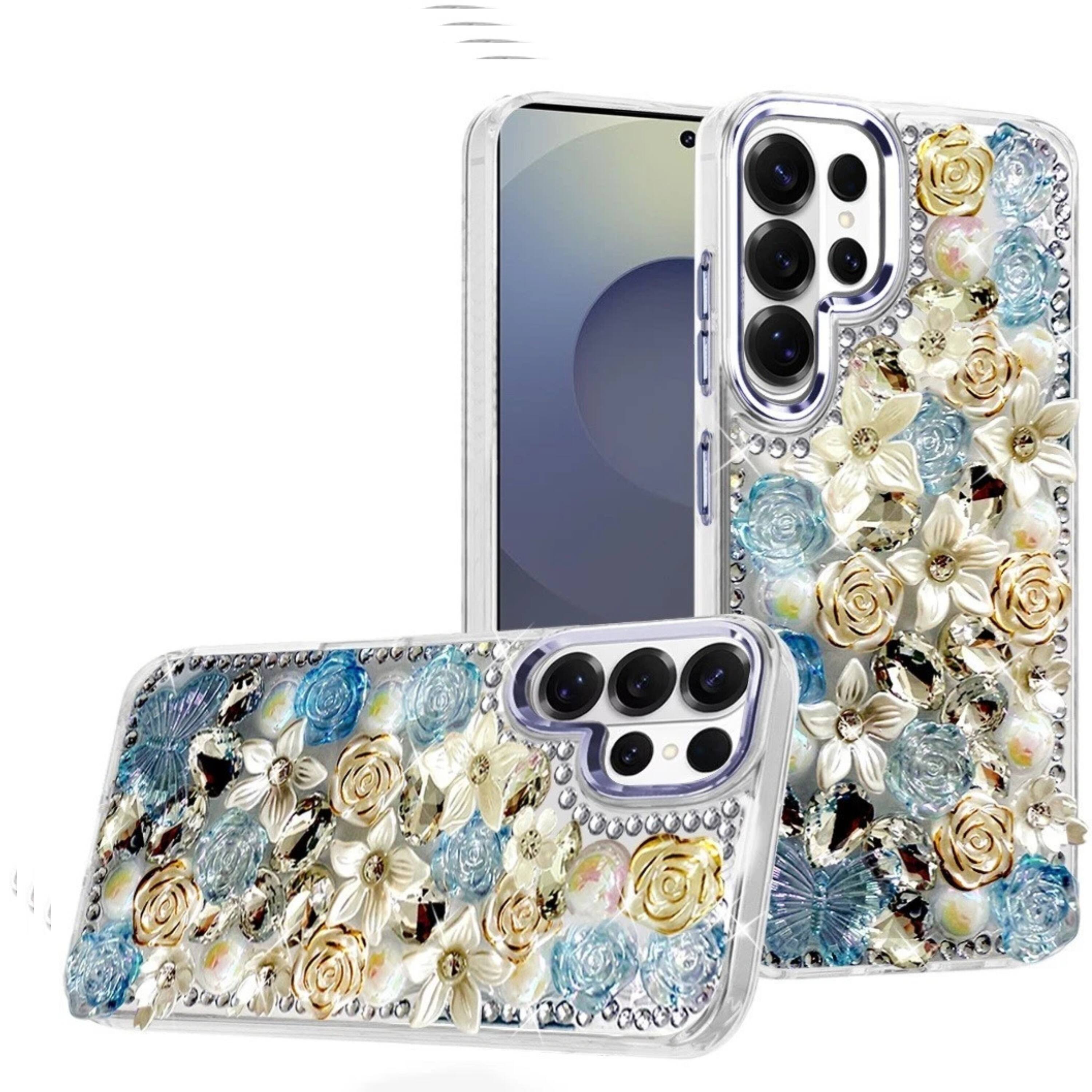 Kitcheniva Full Floral 3D Rhinestone Phone Case With Tempered Glass For ...