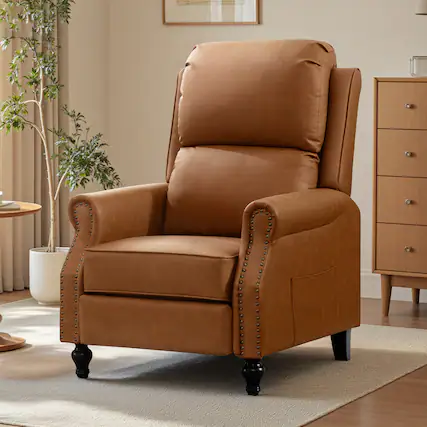 Front. KERDOM - Upholstered Recliner with Thick Seat Cushion, PU Leather Glider Push Back Accent Armchair Reading Chair with Footrest - Brown.