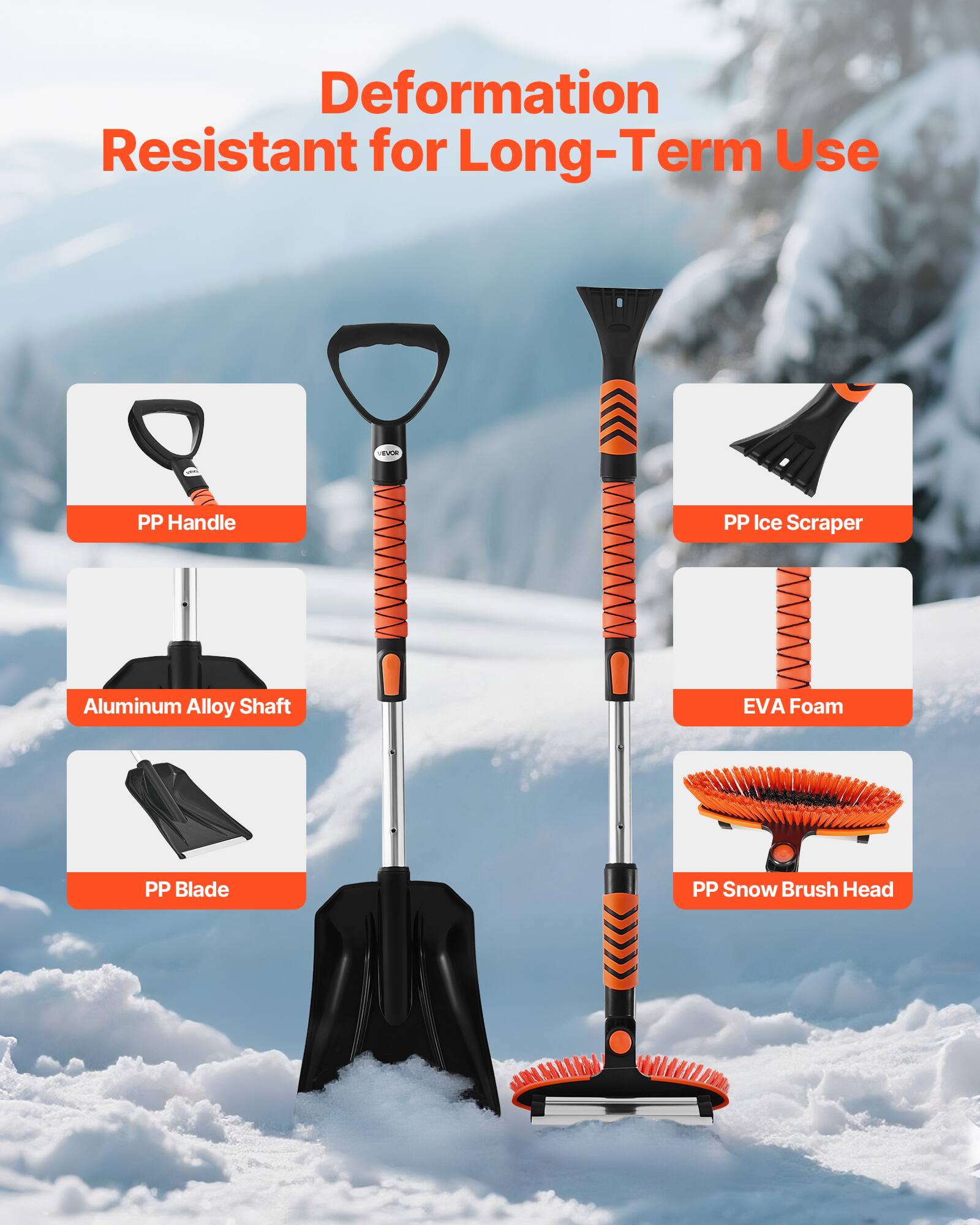 Deformation Resistant for Long-Term Use  
- PP Handle  
- Aluminum Alloy Shaft  
- PP Ice Scraper  
- EVA Foam  
- PP Blade  
- PP Snow Brush Head