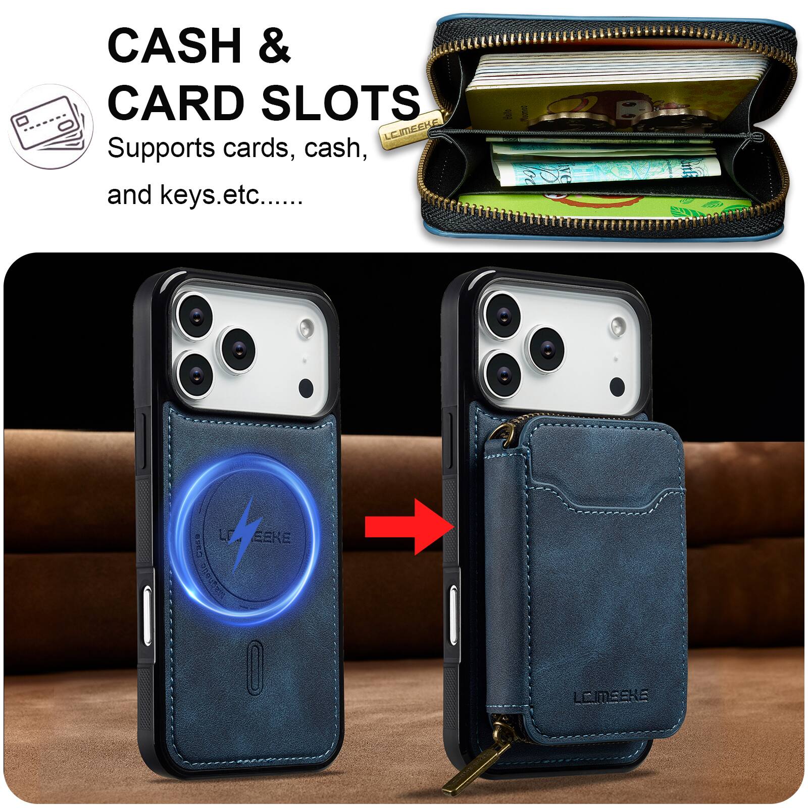 CASH & CARD SLOTS  
Supports cards, cash, and keys etc.....