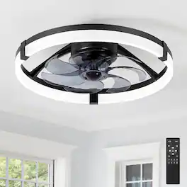 Breezary - 20-Inch Caged KD Ceiling Fan with LED Light, Remote Control, 6-Speed Quiet DC Motor, Flush Mount Low Profile Design - Matte Black
