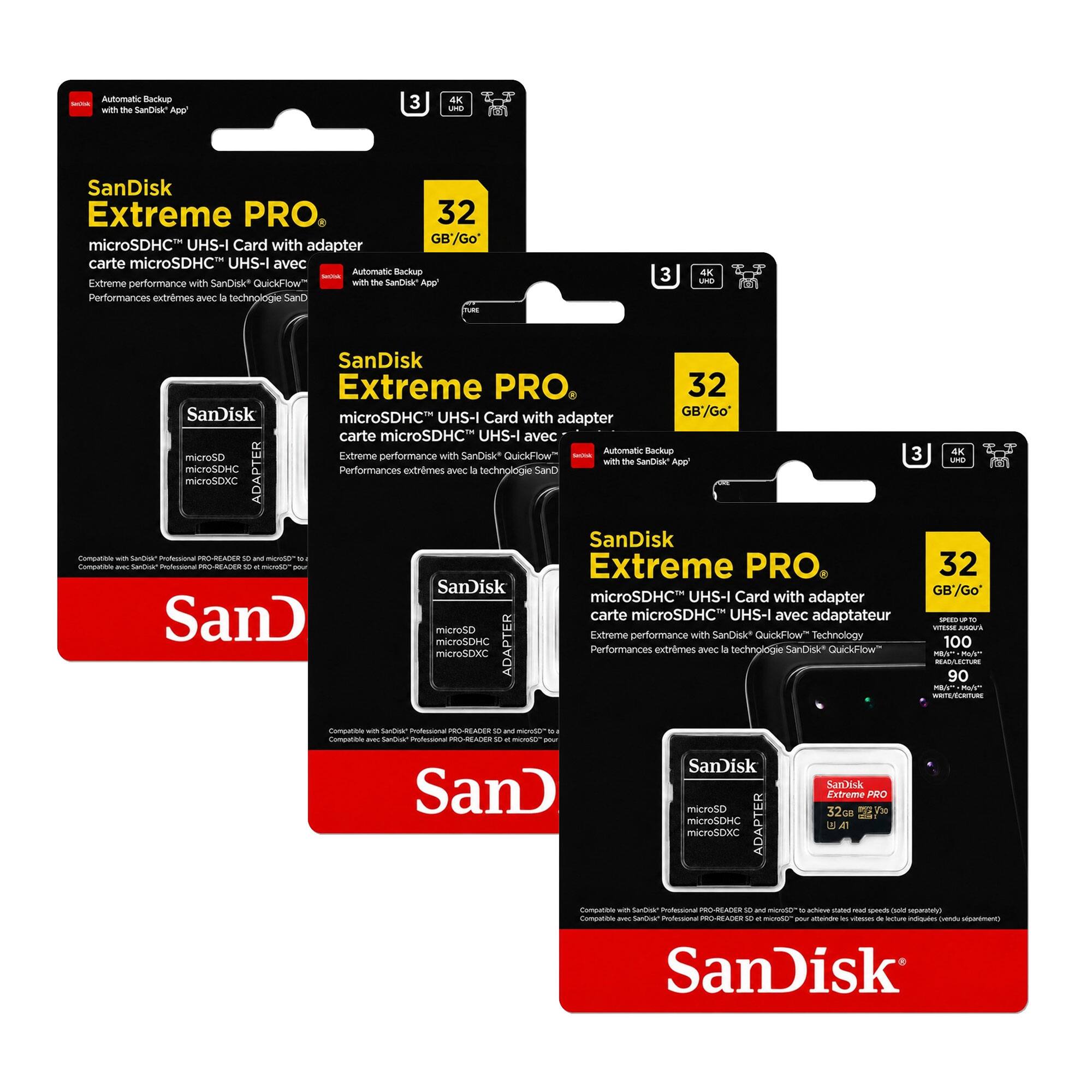 Automatic Backup - with the SanDisk App  
SanDisk Extreme PRO  
32 GB/Go microSDHC UHS-I Card with adapter  
Extreme performance with SanDisk QuickFlow Technology  
Performances extrêmes avec la technologie SanDisk QuickFlow