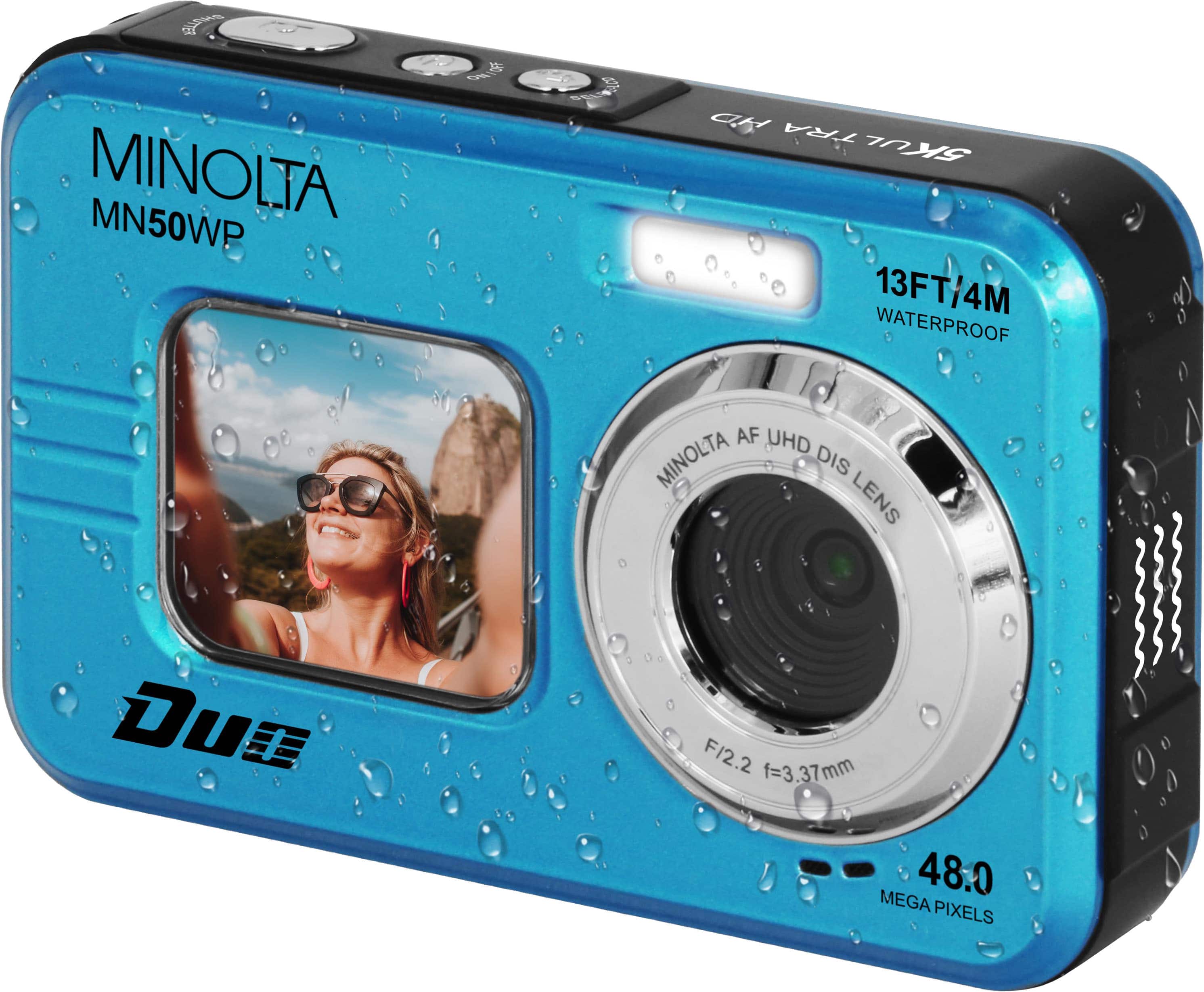 MINOLTA
MN50WP
13FT/4M WATERPROOF
MINOLTA AF UHD DIS LENS
F/2.2 f=3.37mm
48.0 MEGA PIXELS
DUE