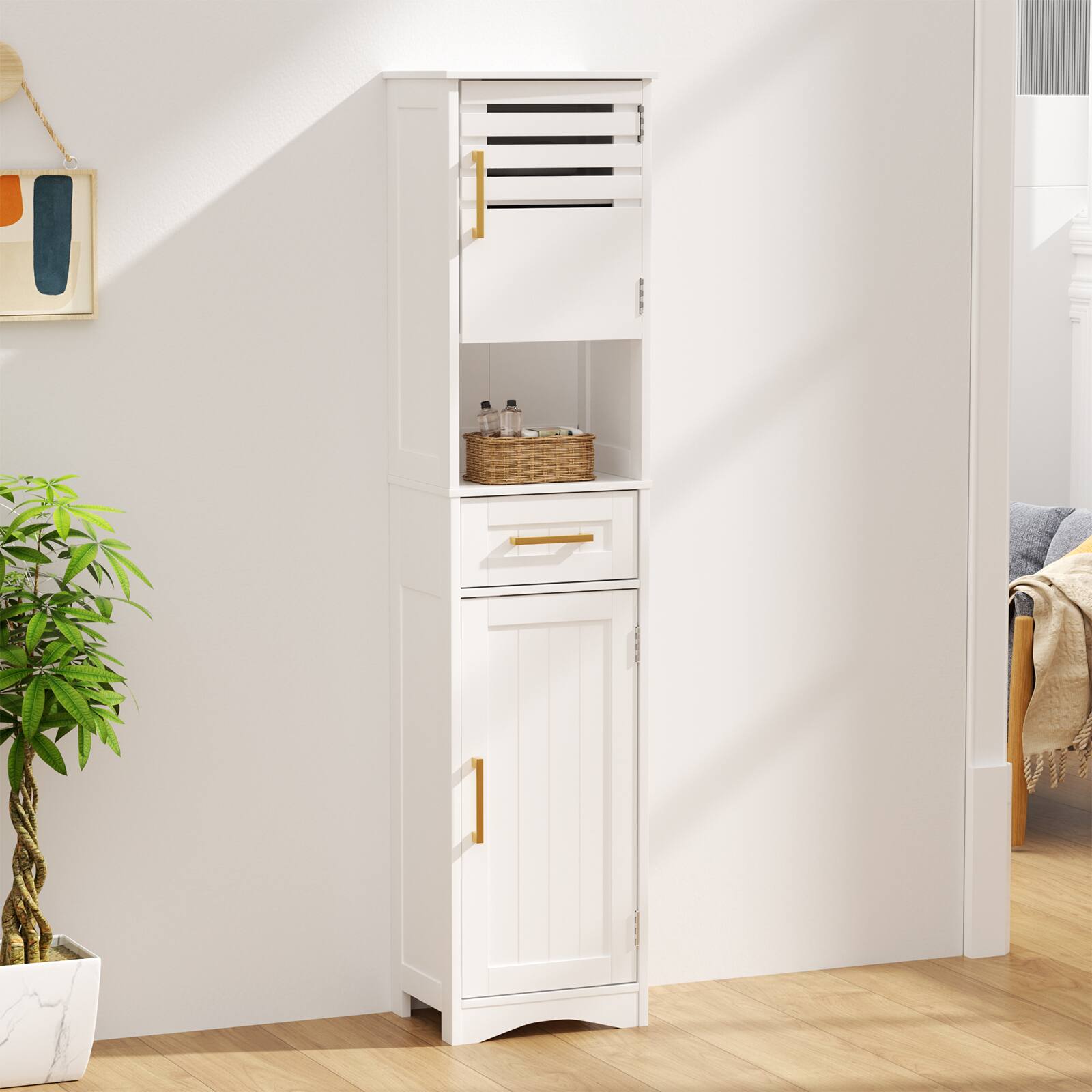 Angle. TinyHomie - Tall Bathroom Floor Storage Cabinet Narrow Slim Freestanding Cabinet with 1 Drawer and 2 Doors 5 Adjustable Height Shelf - White.