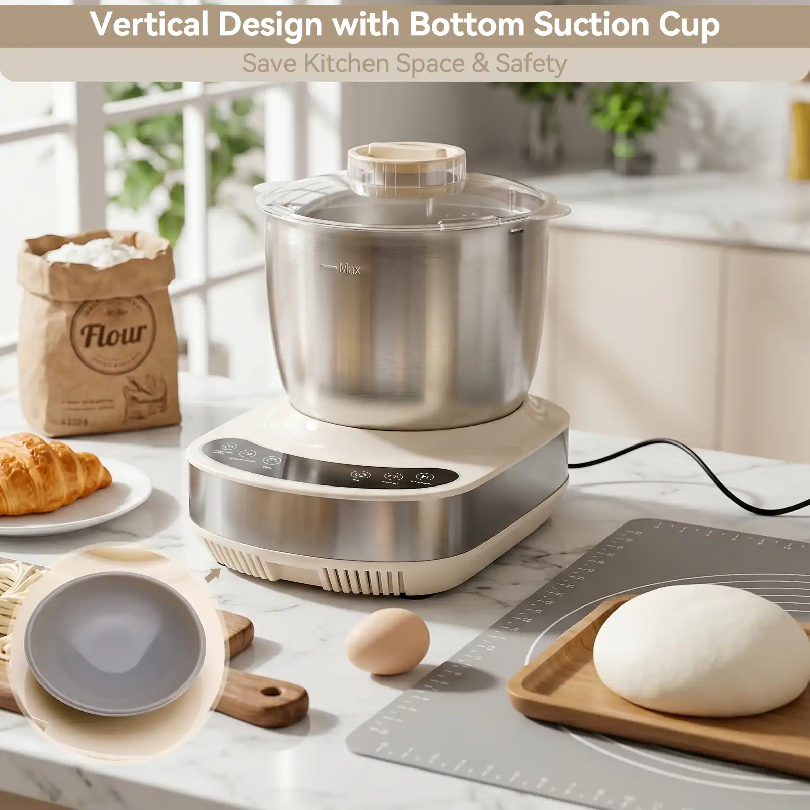 Vertical Design with Bottom Suction Cup  
Save Kitchen Space & Safety  
Max Flour 230