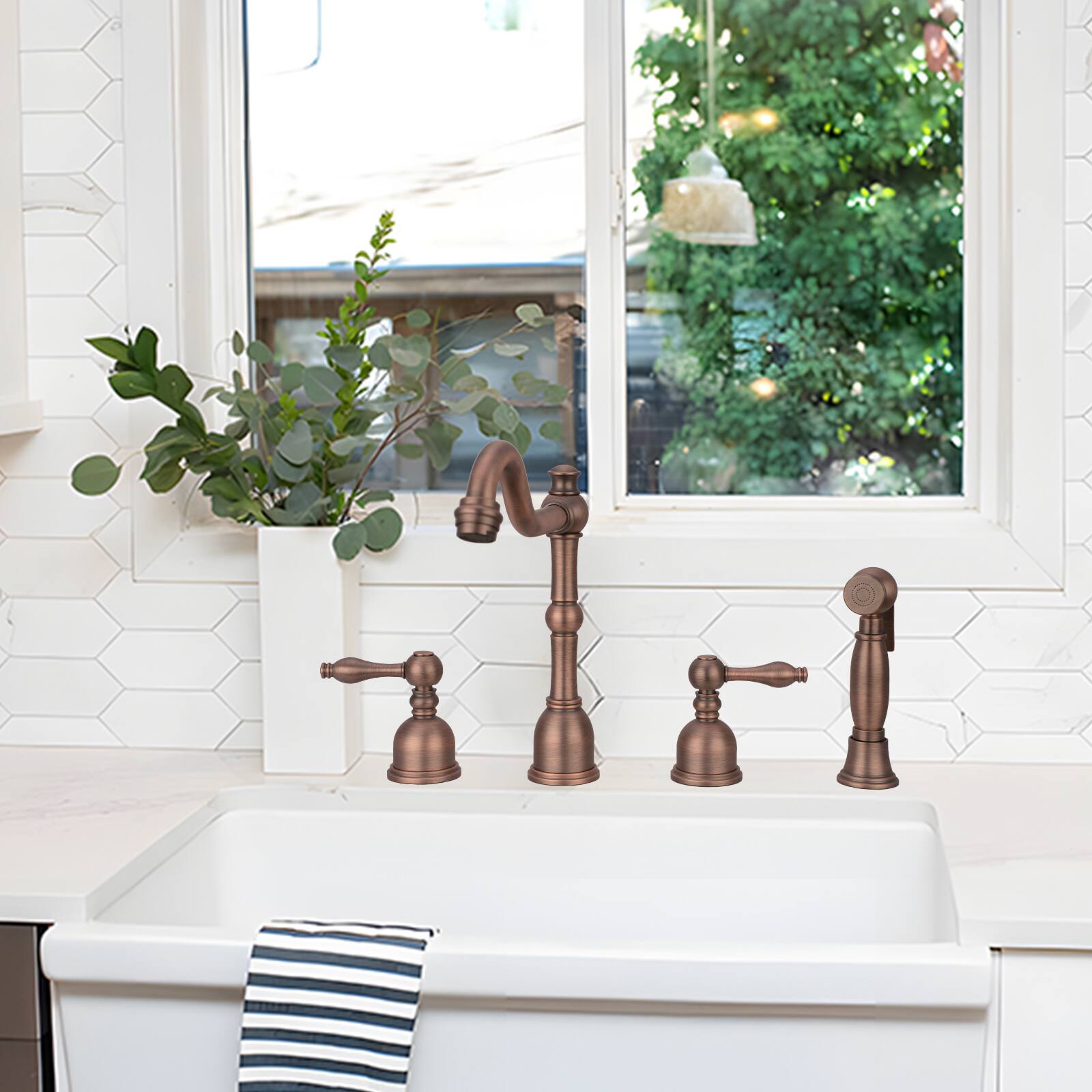 Alt View 3. Akicon - Akicon Solid Brass Two-Handles 360° Swivel Widespread Kitchen Faucet with Side Sprayer in Antique Brass - Antique Brass.