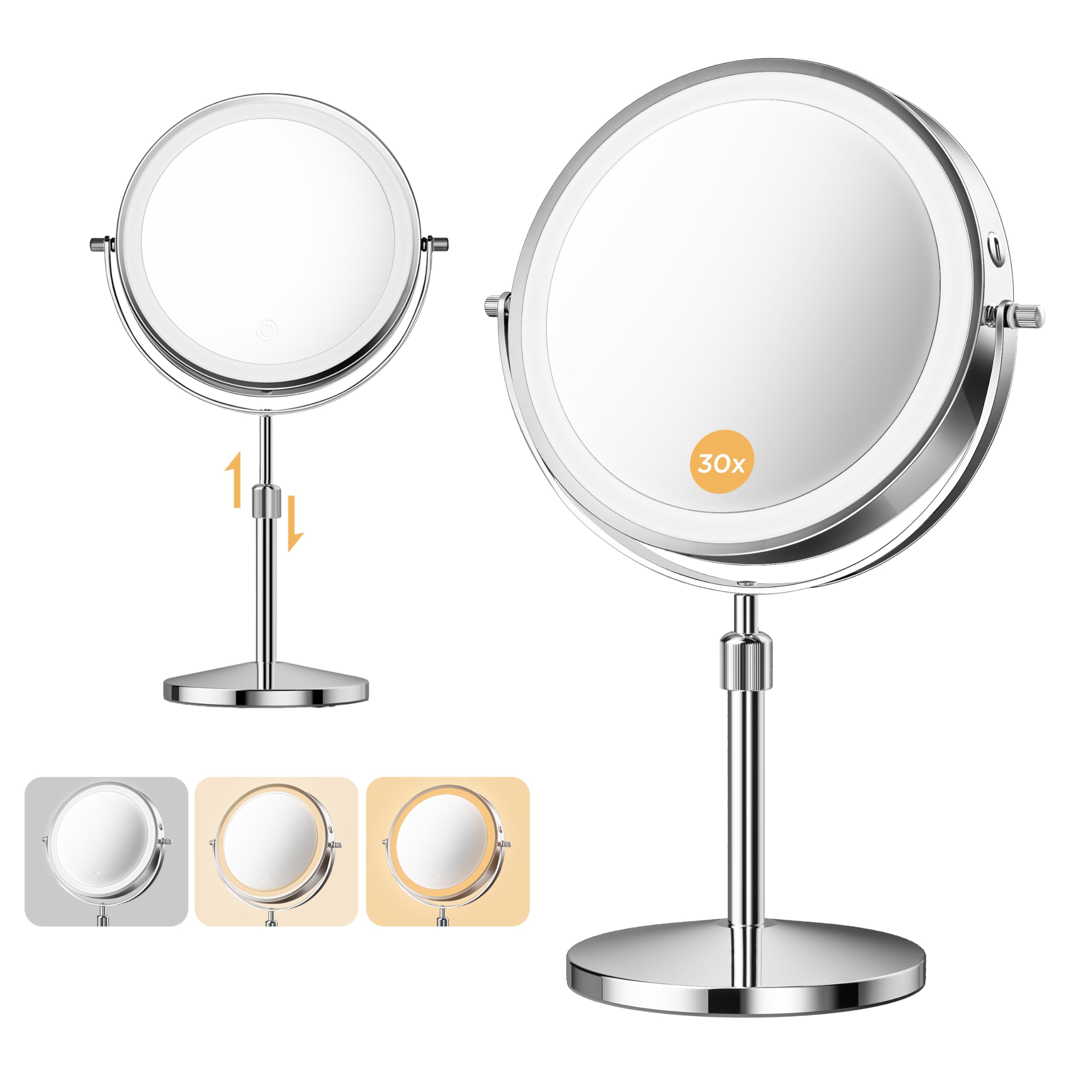 Stylel Star - Makeup Mirror 1x/30x Double Sided Magnifying Mirror/switch With 3 Colors 3200 Mah Rechargeable 8" Lighted Magnification