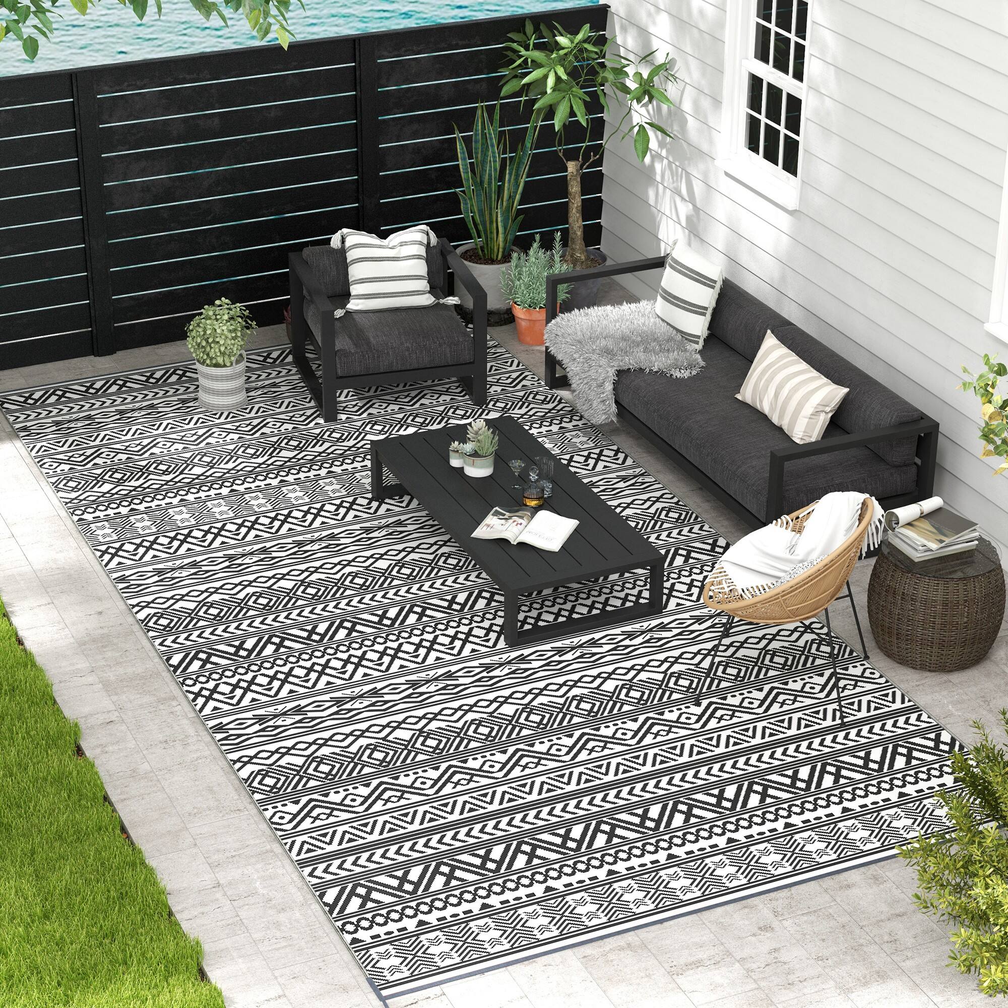 Alt View 1. Outsunny - Outdoor Rug for Patio, 9' x 12' Waterproof Large Mat, Reversible Plastic Straw Rug for Decor - Gray and Cream White Boho.