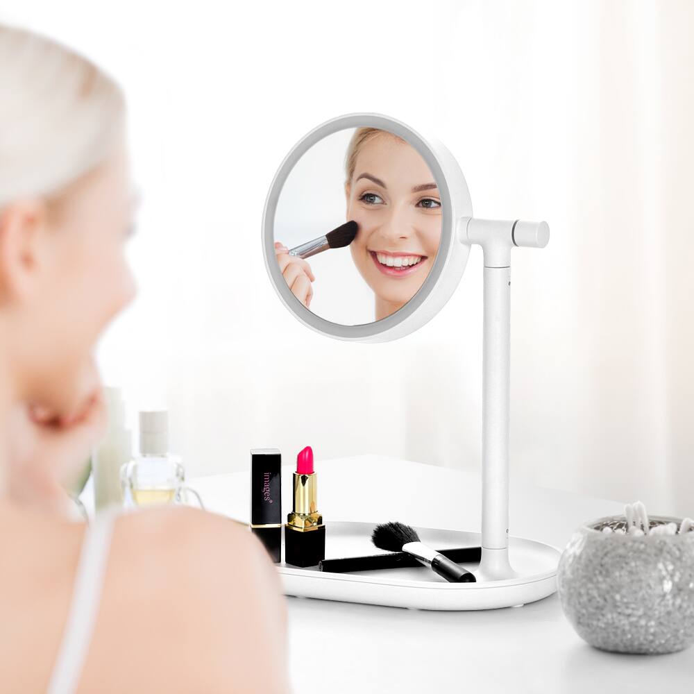 Alt View 4. Oumilen - Round LED Makeup Mirror Lamp,White 5.2 Inch Rechargeable Vanity Mirror Adjustable Brightness 180° Rotation Storage Base.