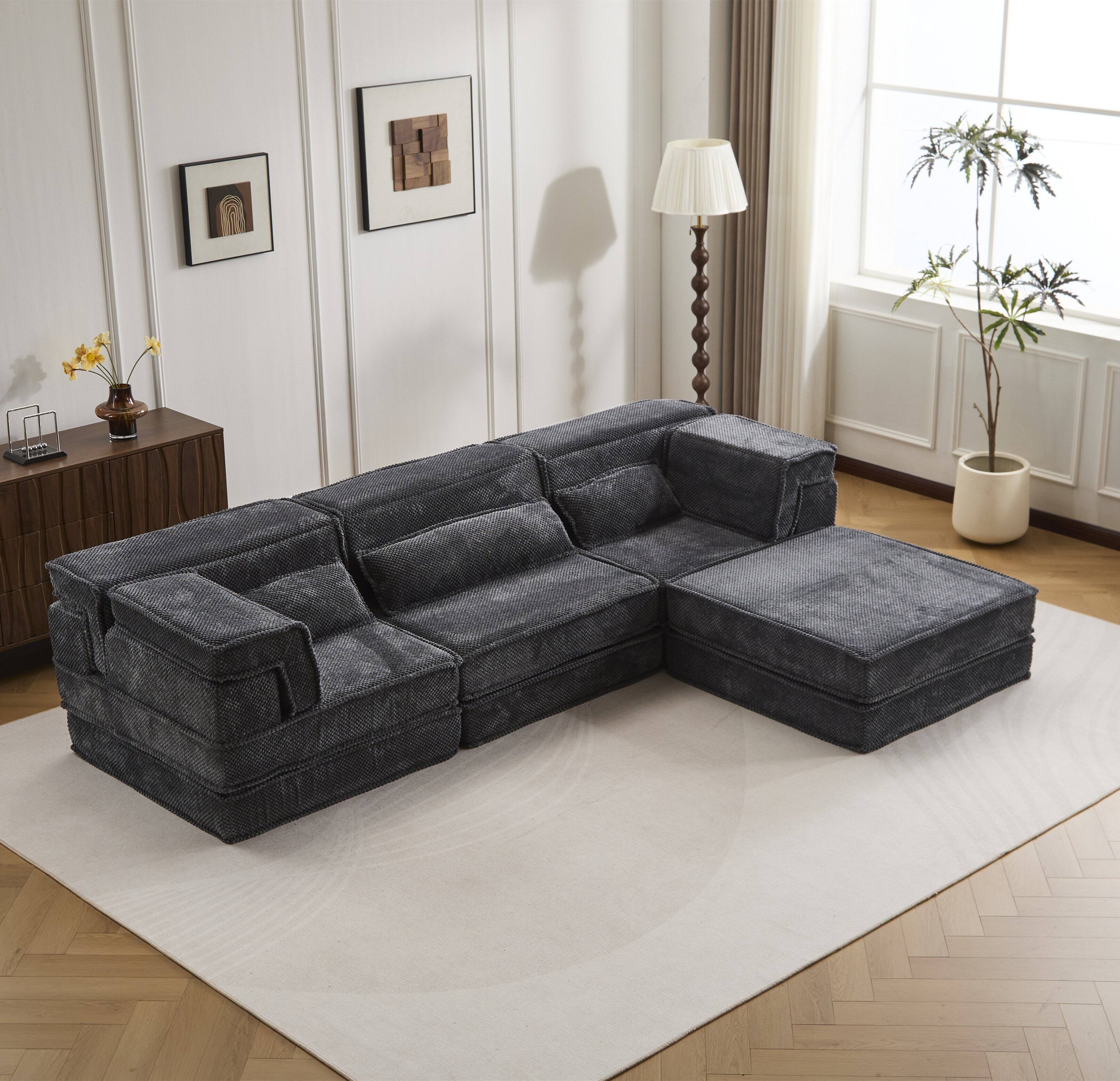 Front. Whisen - Oversized 3 Seater with 1 Ottoman Modular Floor Sofa Bed, Convertible Circle Fleece Sectional - Dark Gray.