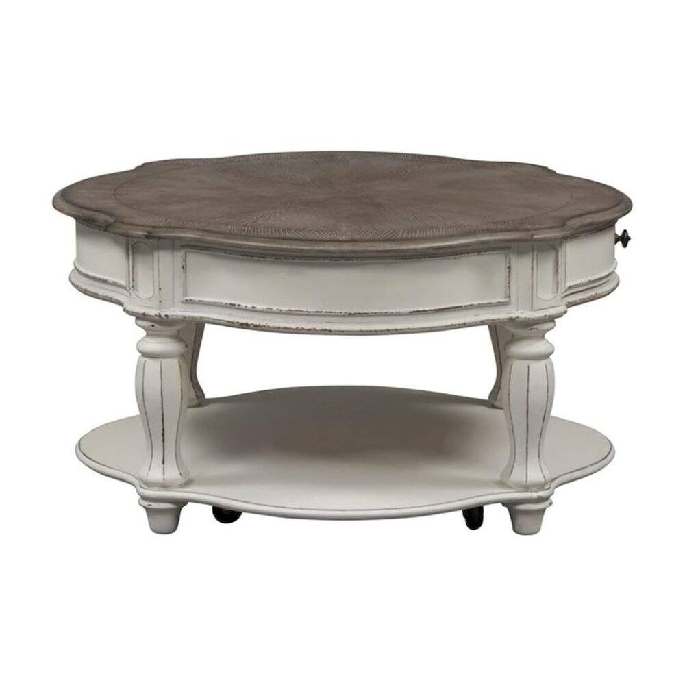 Left. Starlight Canyon Home - Antique Oval Coffee Table with Drawer And Bottom Shelf in White Finish - White.