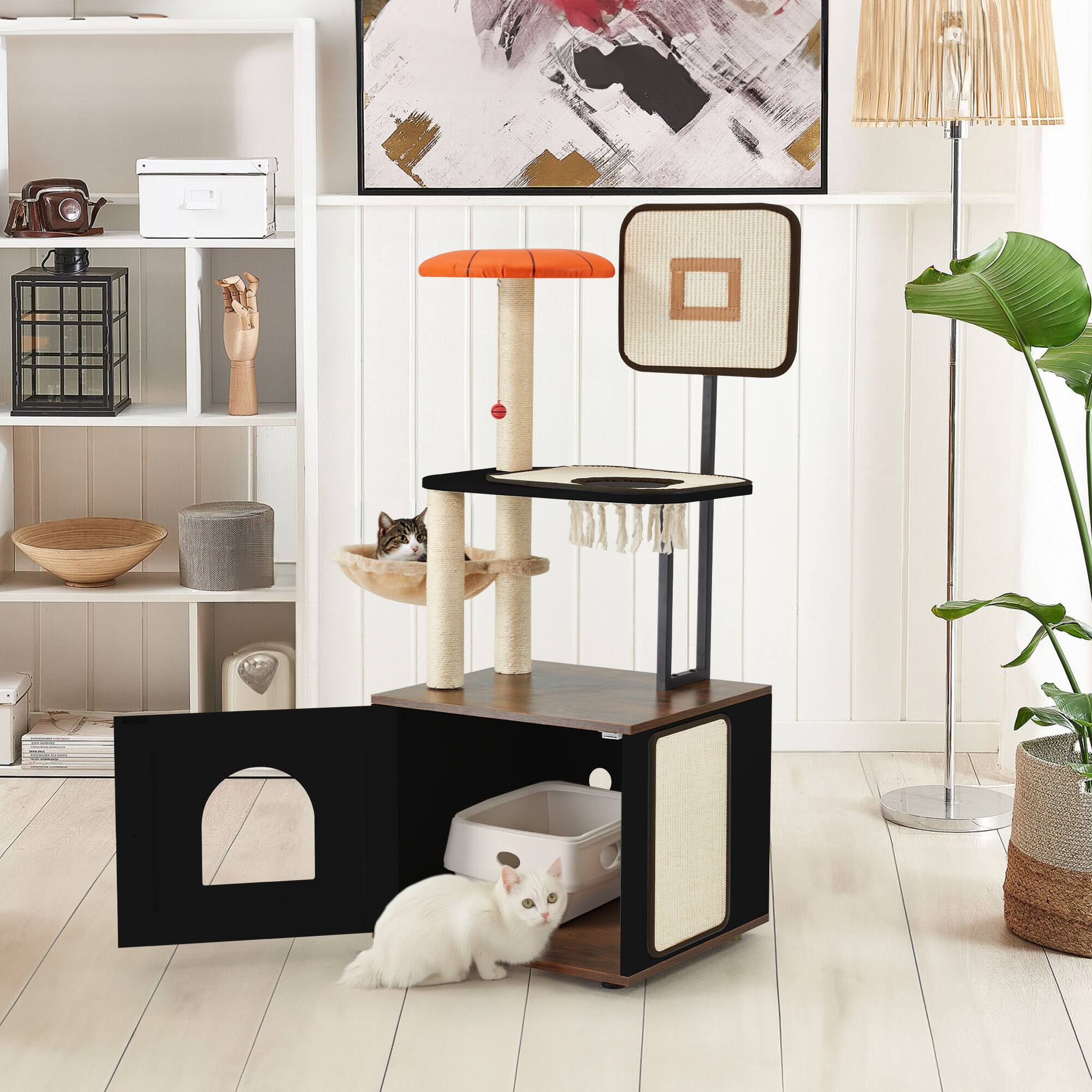 Angle. U-HOMY - 2-in-1 Cat Tree with Hidden Litter Box, Scratching Posts & Observation Platform for Indoor Cats - Black.