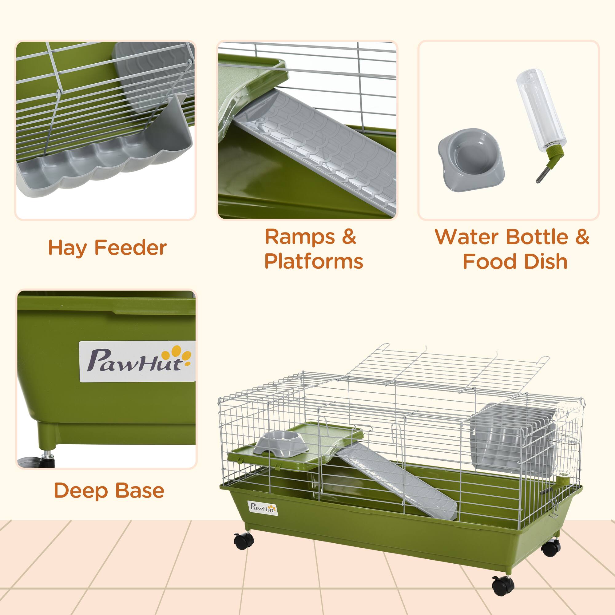 - Hay Feeder
- Ramps & Platforms
- Water Bottle & Food Dish
- Deep Base
- PawHut