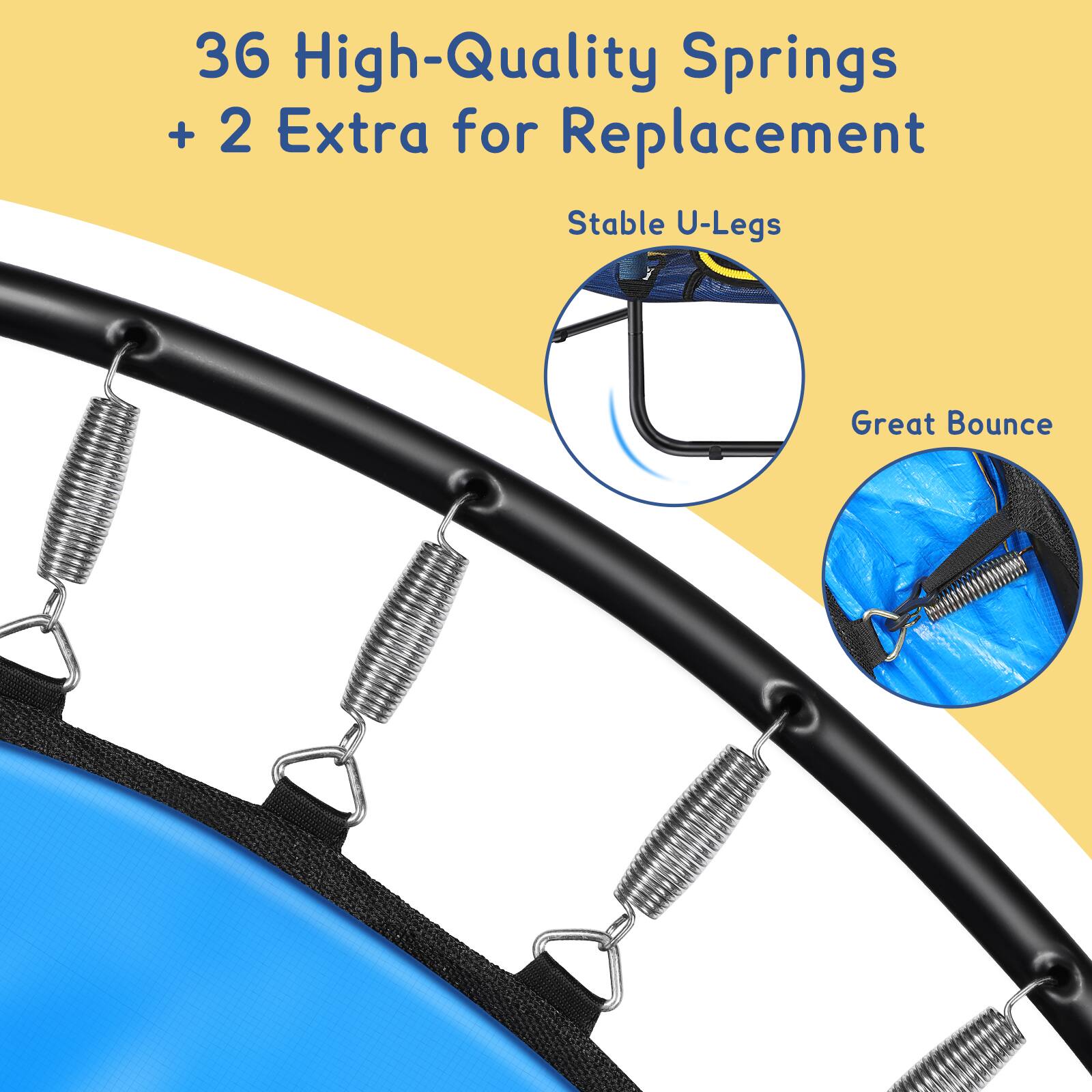 36 High-Quality Springs + 2 Extra for Replacement

Stable U-Legs

Great Bounce