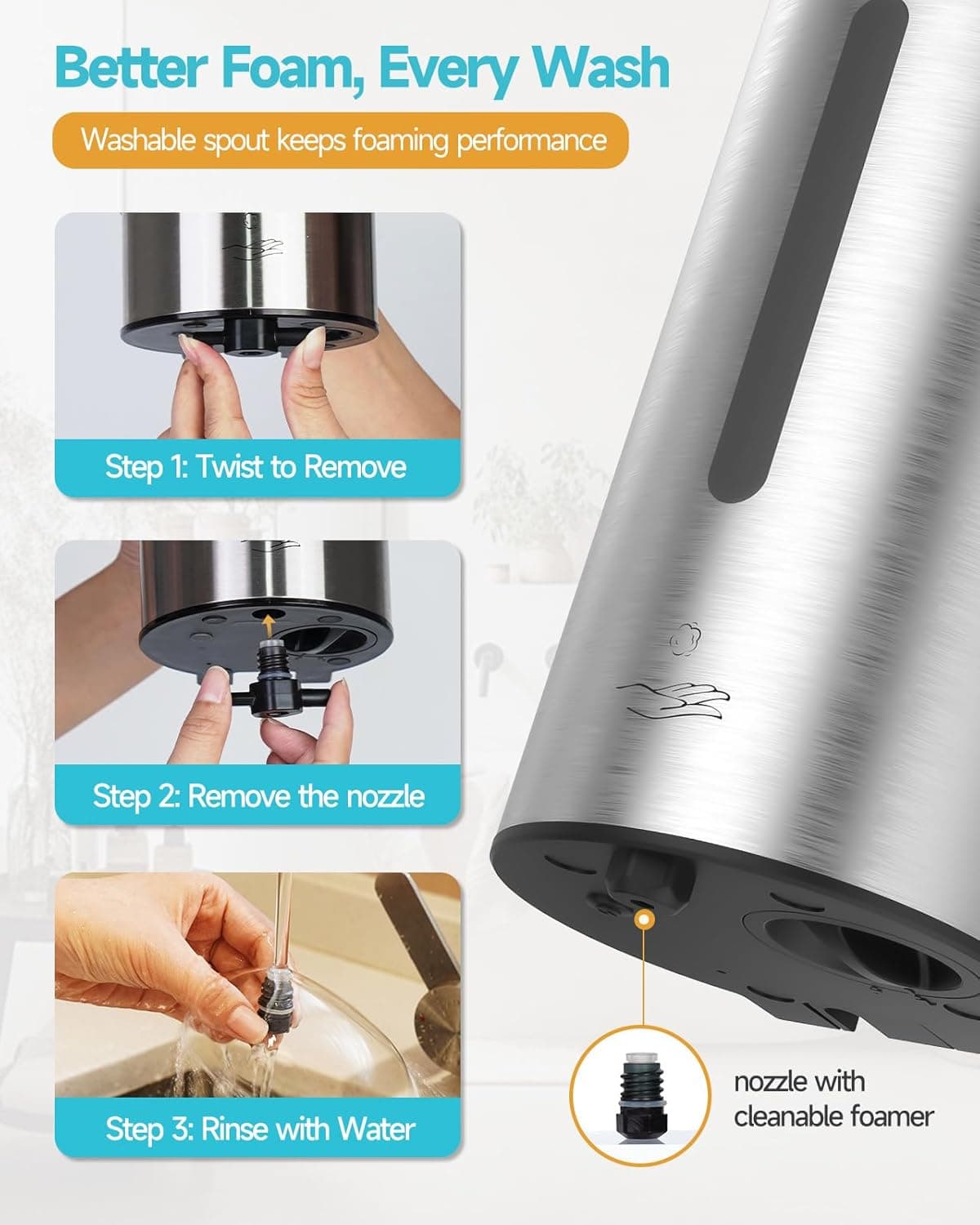 Better Foam, Every Wash

Washable spout keeps foaming performance

Step 1: Twist to Remove

Step 2: Remove the nozzle

Step 3: Rinse with Water

nozzle with cleanable foamer