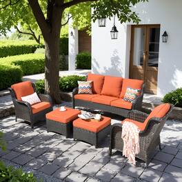 Ovios - 5 PCS Patio Furniture Sectional Sofa All Weather Wicker High Back Conversation Set with Ottoman - Orange Red