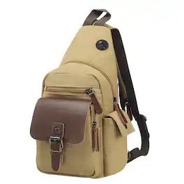 Unique Bargains - Canvas Sling Bag Crossbody Backpack Vintage Shoulder Bag W/Leather Accents for Outdoor Cycling Hiking Travel - Khaki