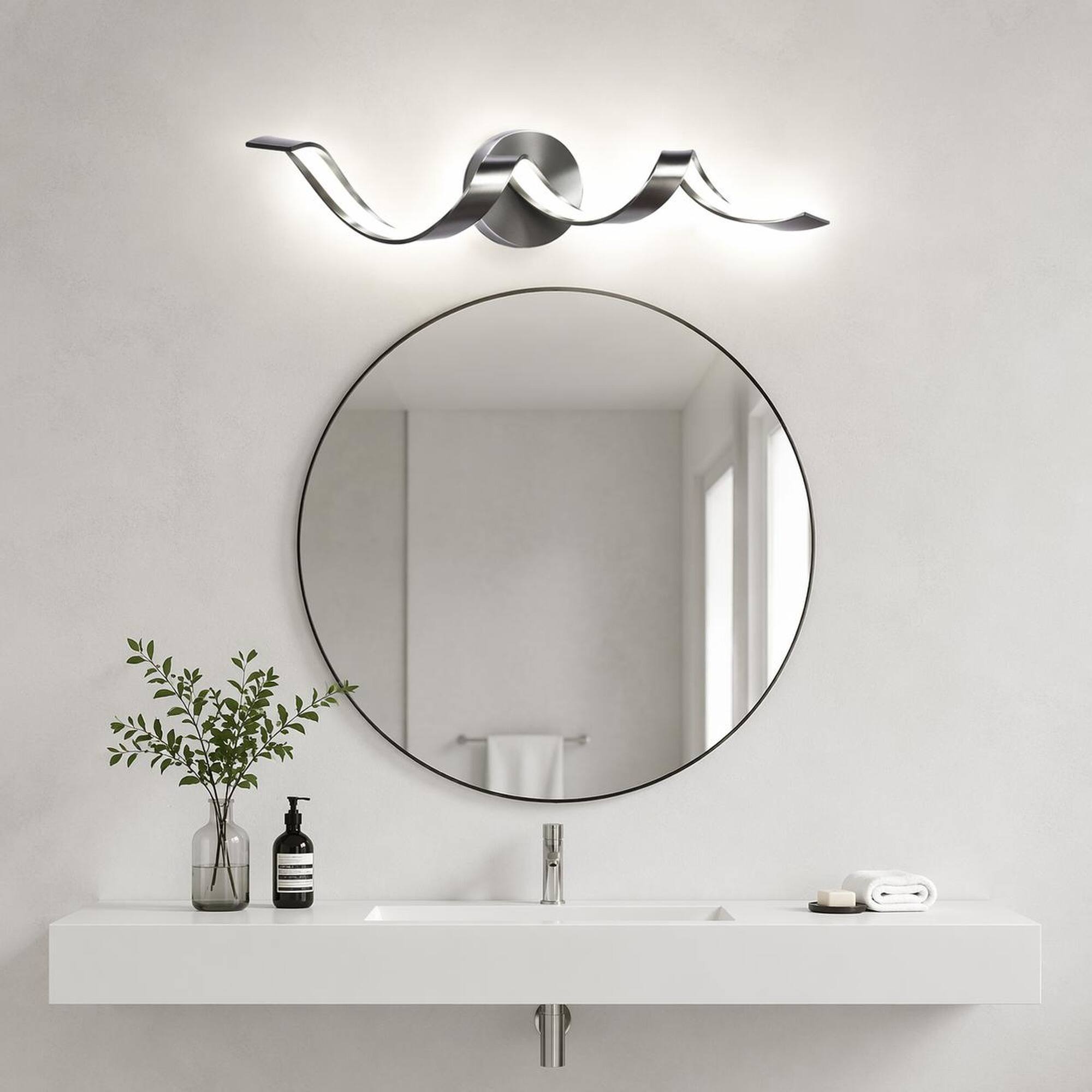 Angle. RYHNUYNE - Modern LED Bathroom Vanity Light 24 Inch Dimmable Black Wall Sconce with Spiral Acrylic Shade, Over Mirror Fixture.