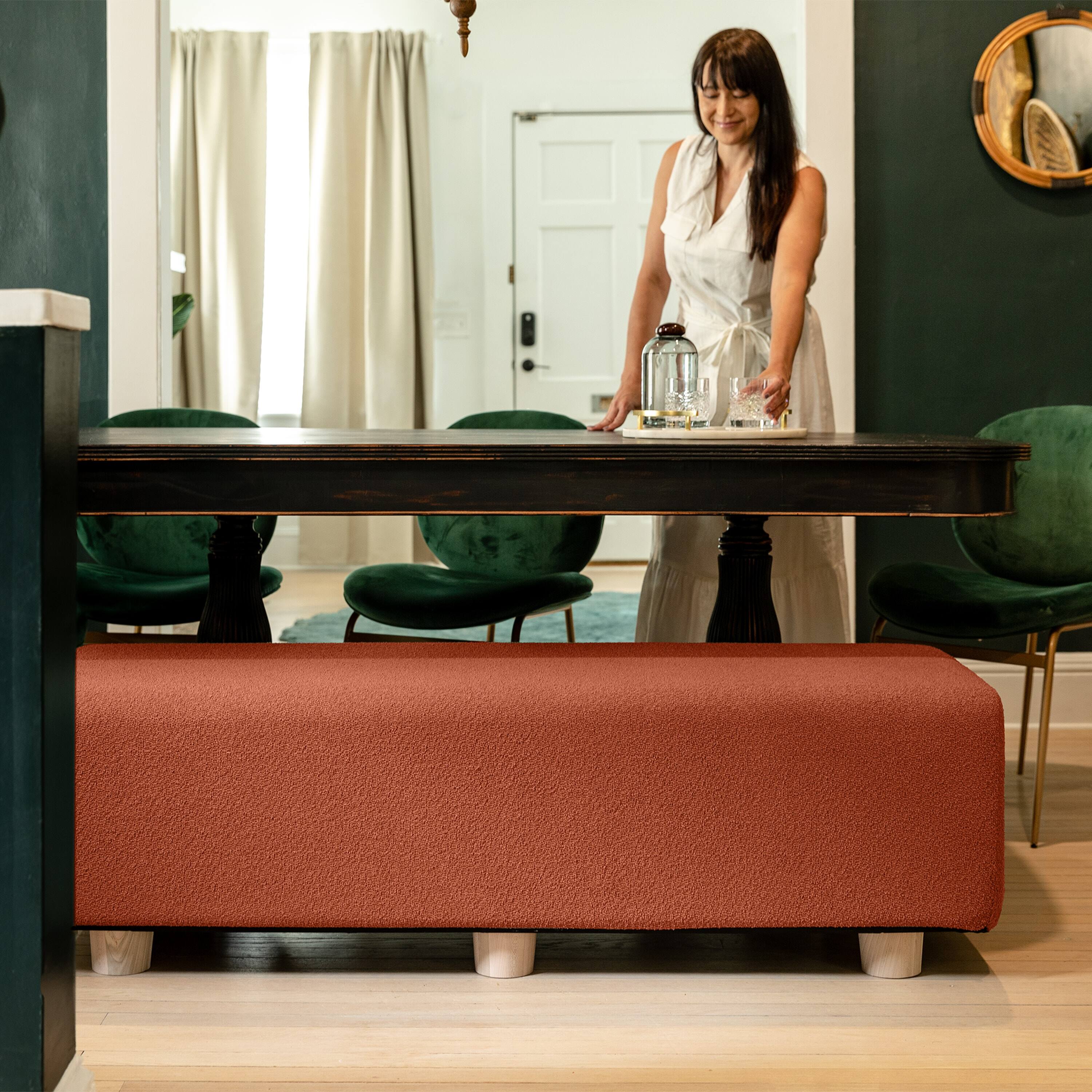 Left. Jaxx - Jaxx Caya 4-in-1 Large Bed Bench, Giant Ottoman, Dining Bench, and Yoga and Massage Platform, Queen, Boucle Terra Cotta - Terra Cotta.