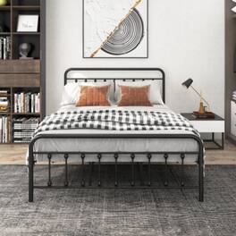 LUCKY ONE - Queen Size Metal Platform Bed Frame with Victorian Headboard and Footboard, Steel Slats, No Box Spring Needed - Black,Queen