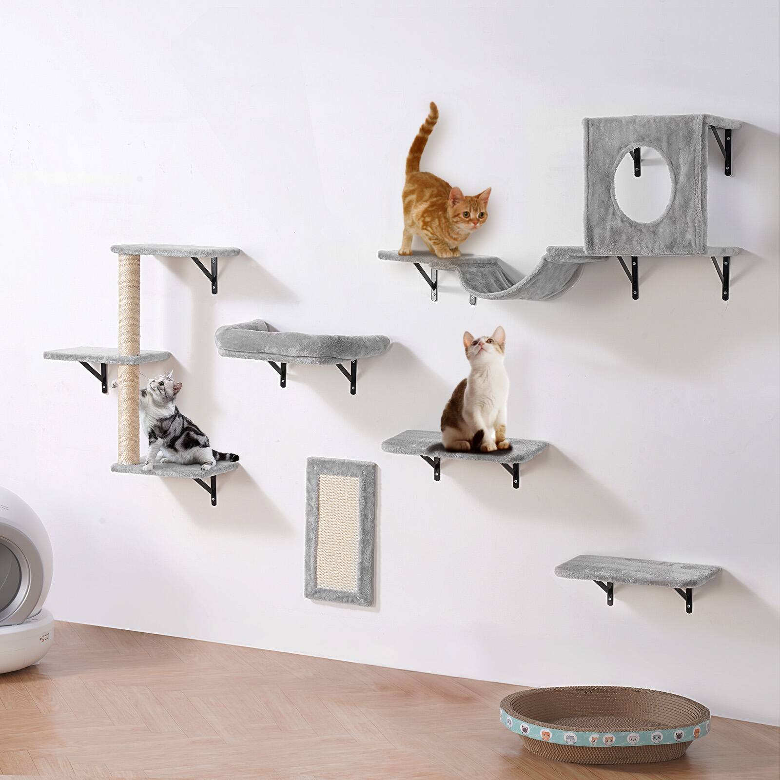 Front. VEVOR - Wall Mounted Cat Shelves, Cat Wall Shelves and Perches with Jumping Boards, Hammock, Sofa, Cat Tree & Cat Grip - grey.