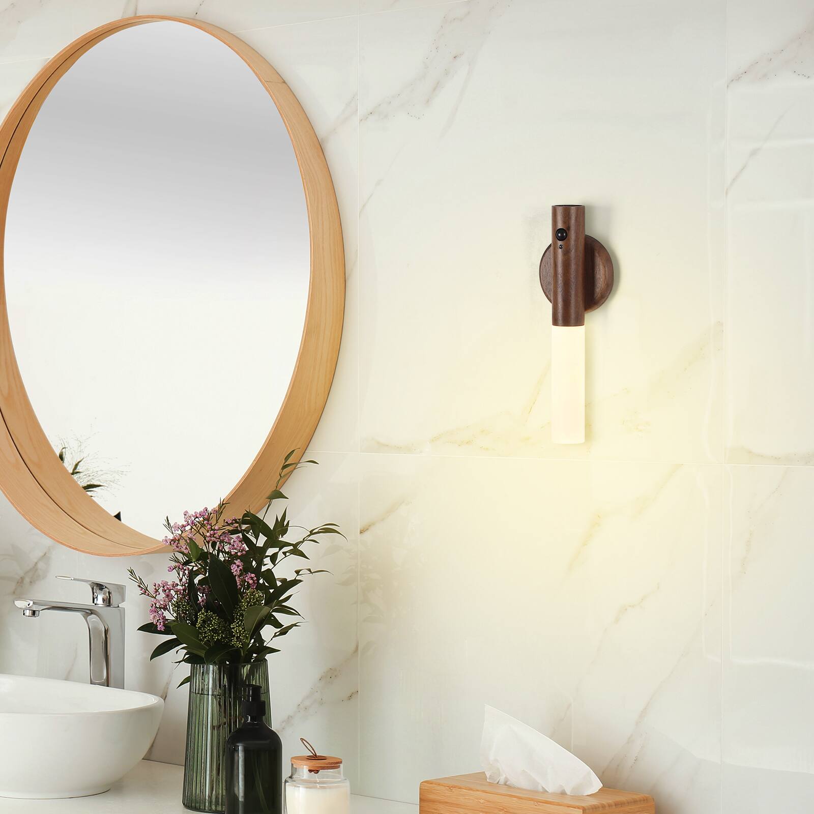 Alt View 3. Oumilen - 2 Pack Motion Sensor LED Wall Sconce – Rechargeable Magnetic Wood Wall Light.