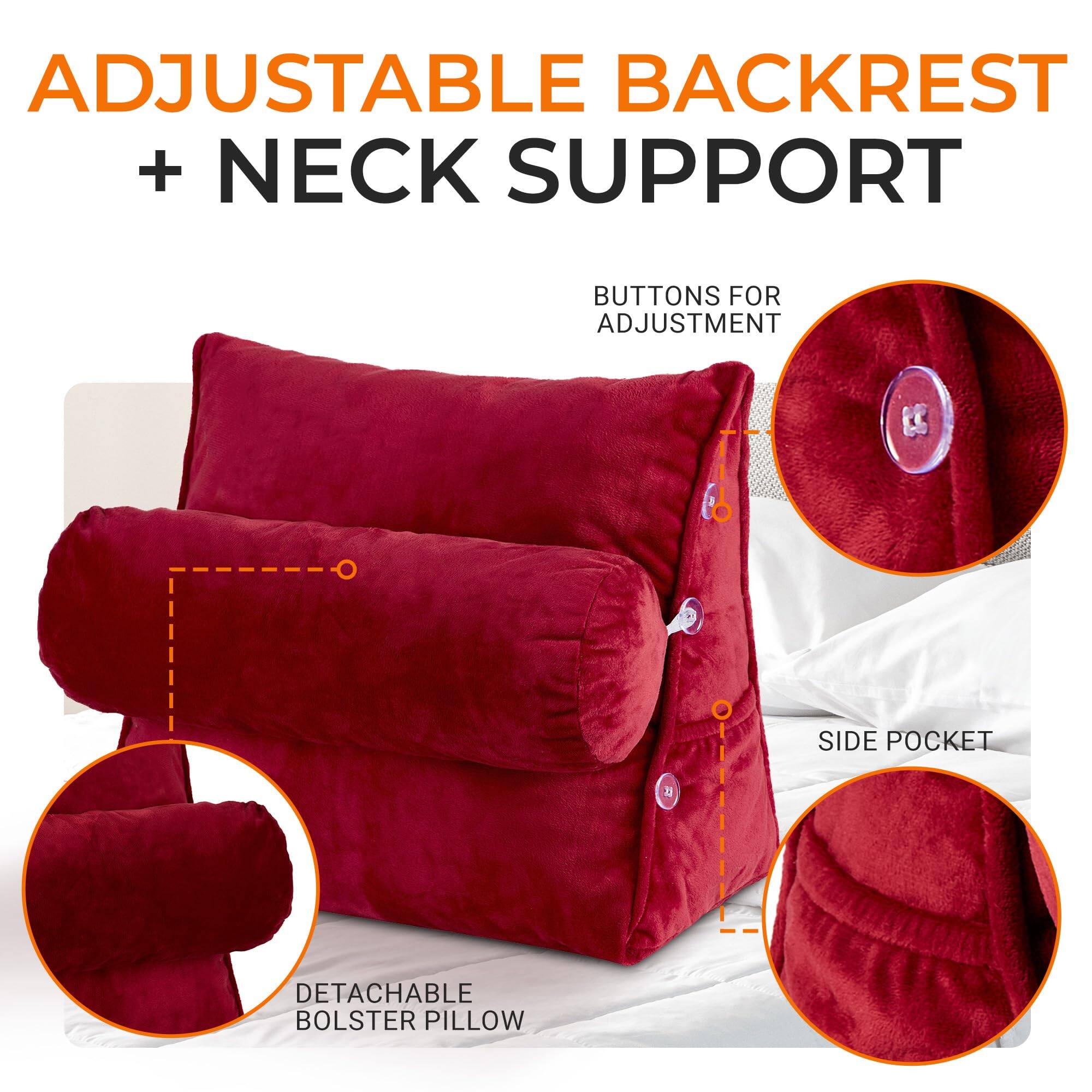 ADJUSTABLE BACKREST + NECK SUPPORT  
BUTTONS FOR ADJUSTMENT  
DETACHABLE BOLSTER PILLOW  
SIDE POCKET