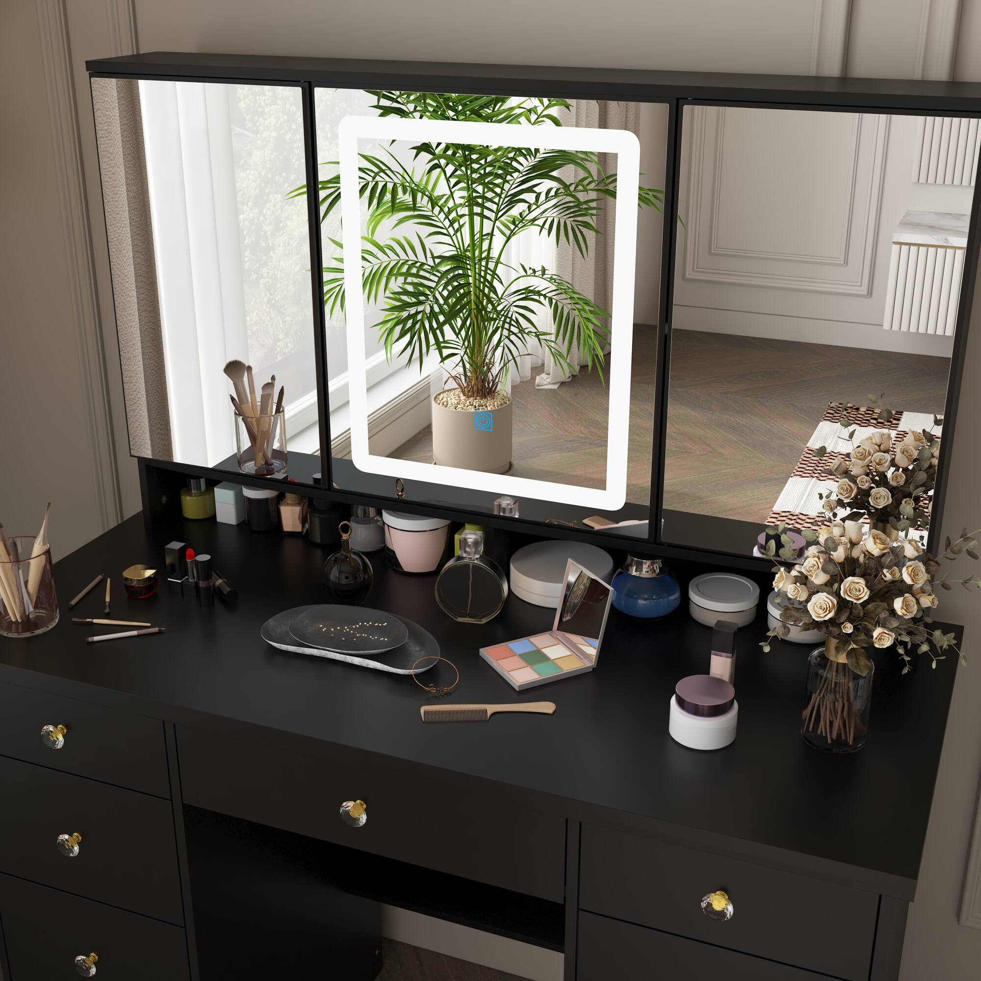 Alt View 1. Famapy - LED Vanity SetSilent Glide Drawers 3-Color Dimmable Mirror Jewelry Organizer & Tri-Fold Glass Modern Dressing Table - Black.