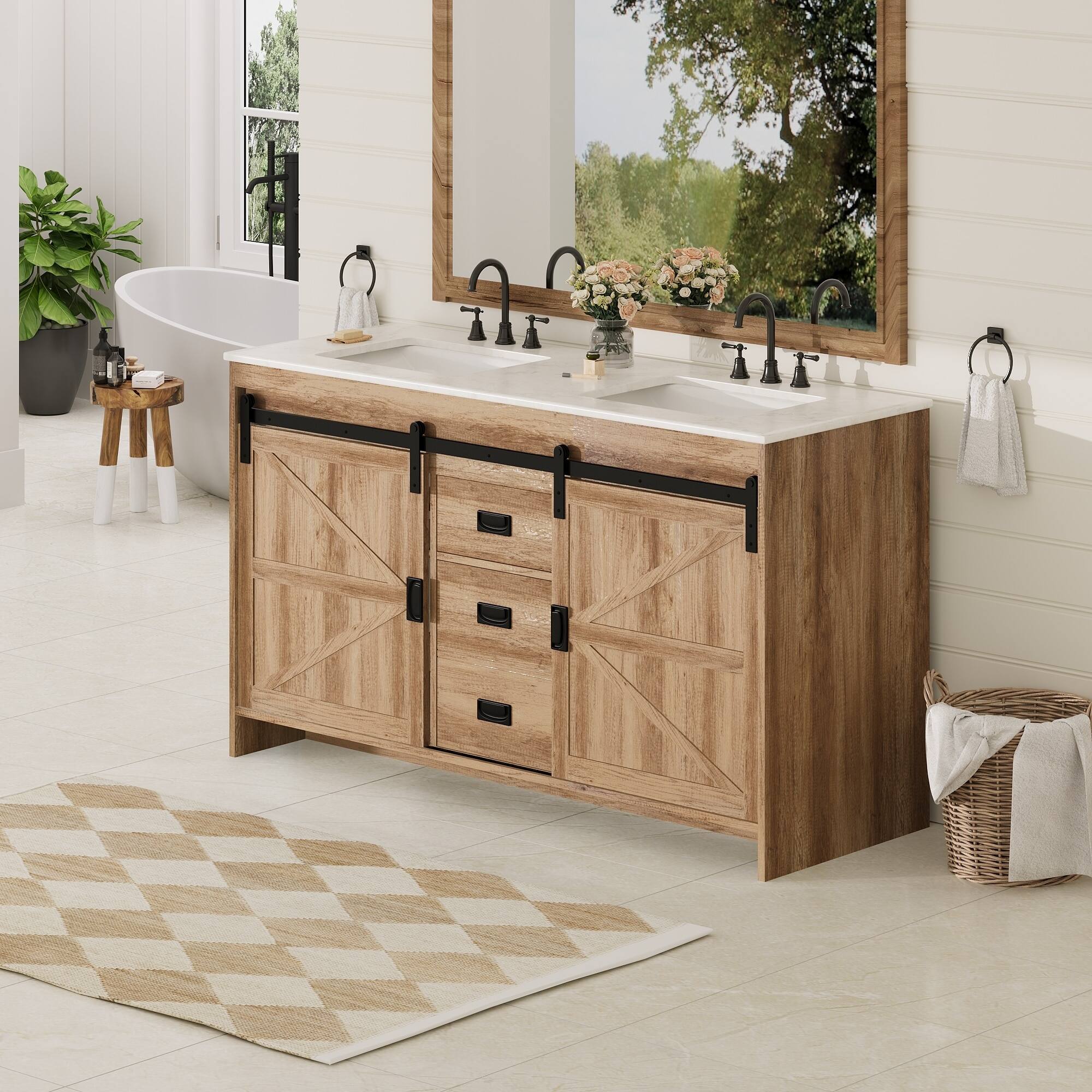 Alt View 6. U-HOMY - Farmhouse Bathroom Vanity with Ceramic Countertop, Sliding Barn Door and Storage Drawers for Organized Spaces - 60"- Brown.