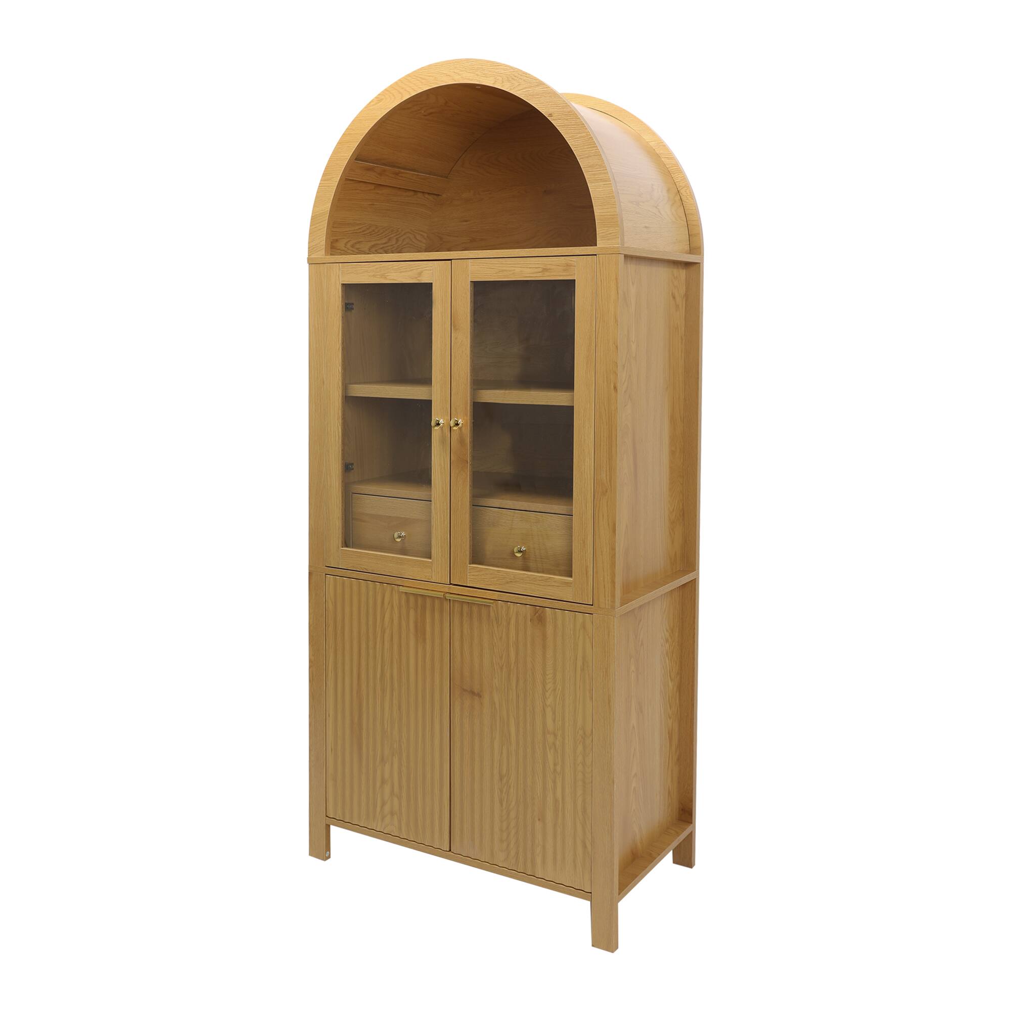 Alt View 10. Loheer - Loheer Arched Pantry Cabinet, Oak Tall Pantry Cabinet with Glass Doors, Drawer, Adjustable Shelves, Fluted Storage - Oak.