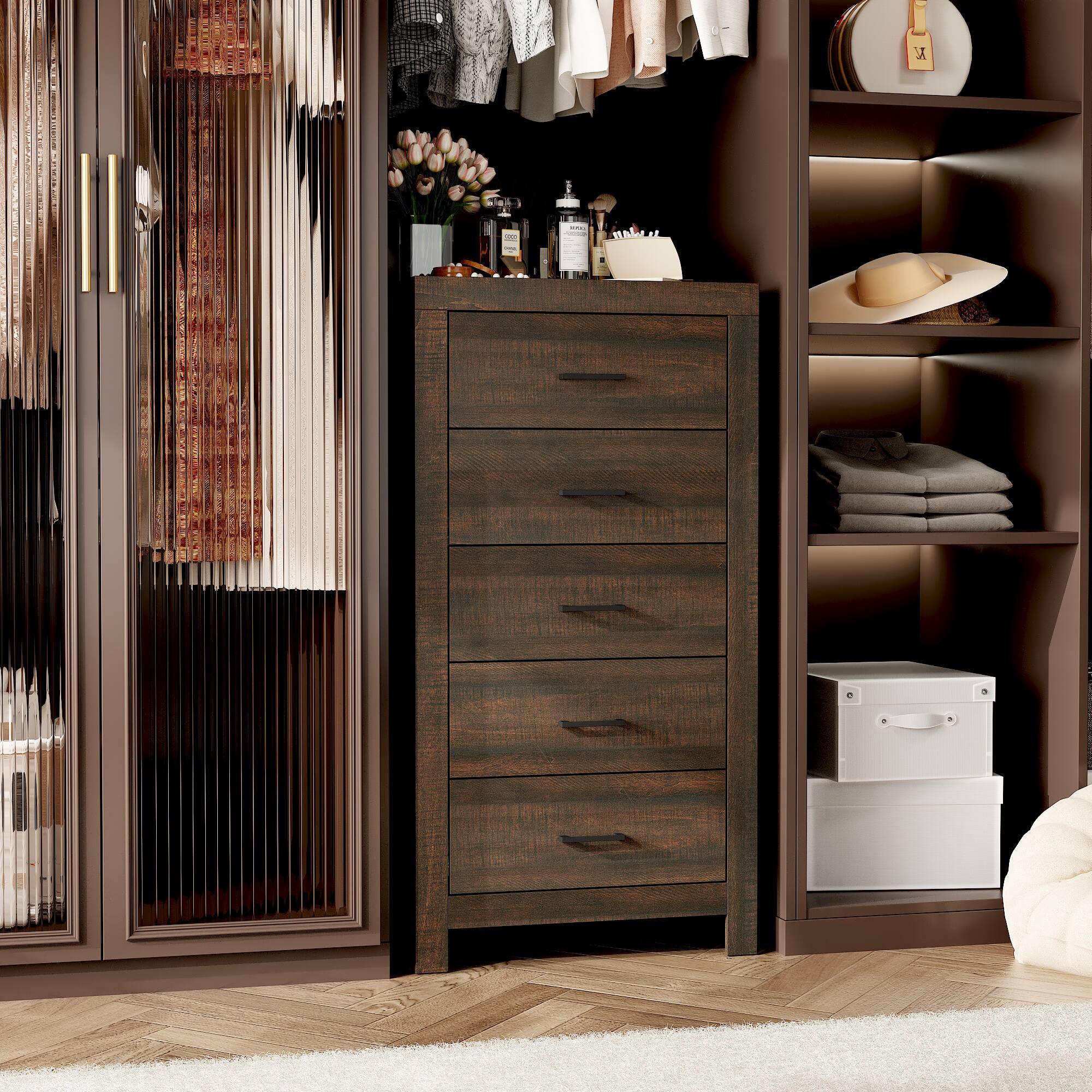 Alt View 8. FUFU & GAGA - FUFU&GAGA 5 - Drawer Vertical Dresser with Anti - Tip Feature – Rustic Wood Organizer for Closet & Bedroom - Brown.